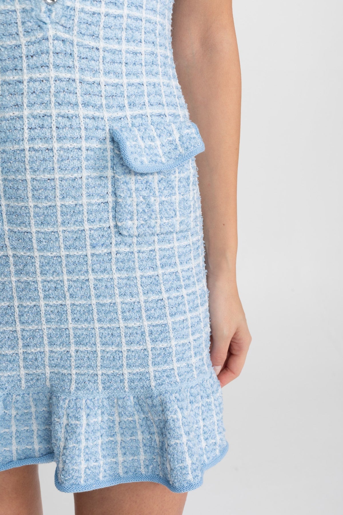 Celia Light Blue Textured Tweed Mini Dress with Bow Detail