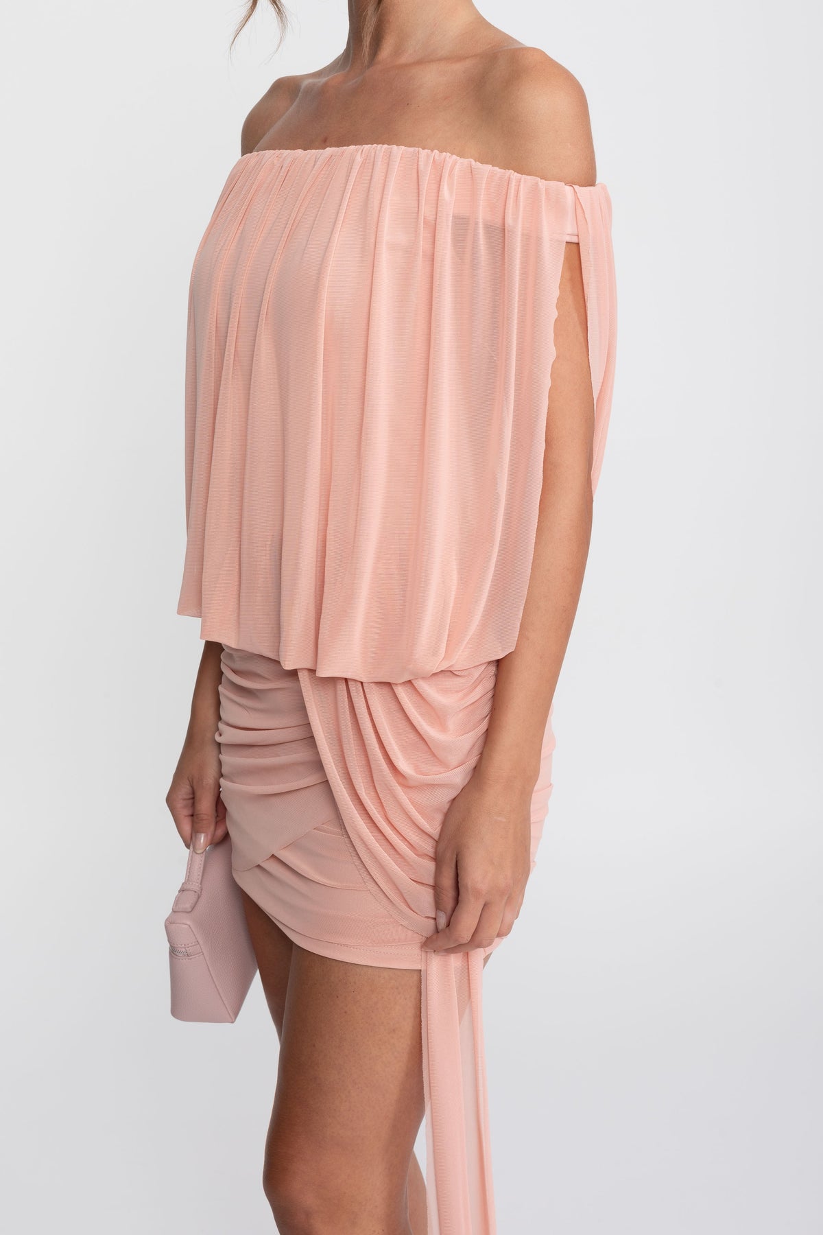 Off-Shoulder Ruched Wrap Mini Dress With Tie Waist - Peach