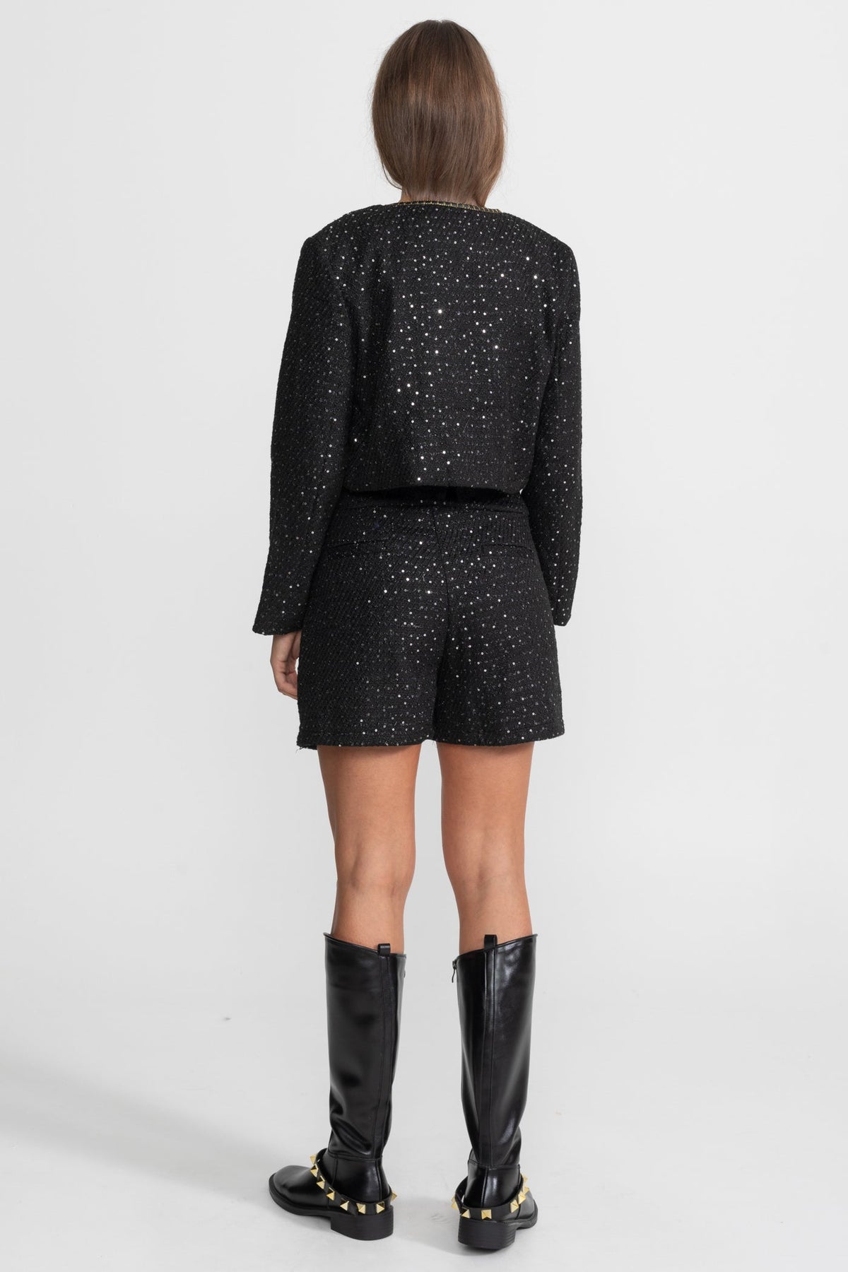 Embellished Co-Ord 3 Piece Set With Cropped Jacket, Lace Trim Top And High-Waist Shorts – Black