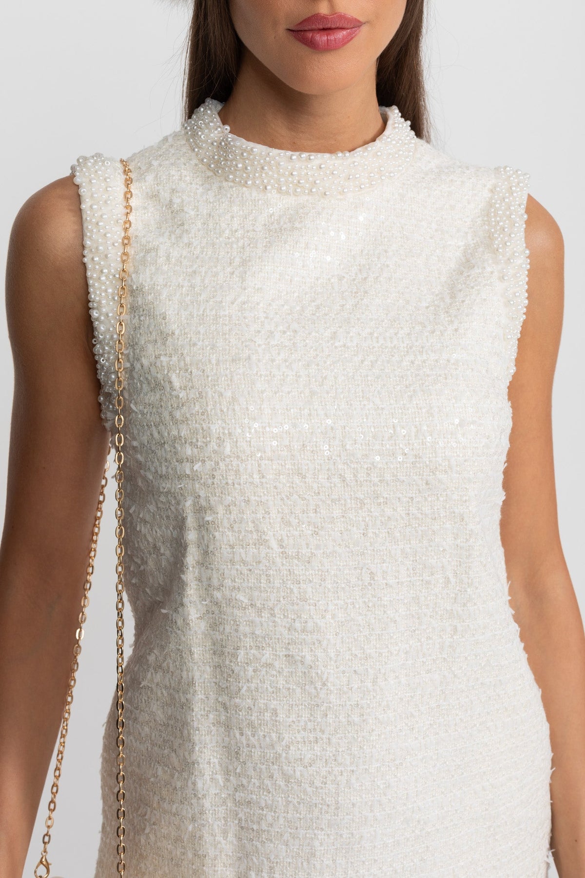 Sequin Tweed Mini Dress with Beaded Collar – White