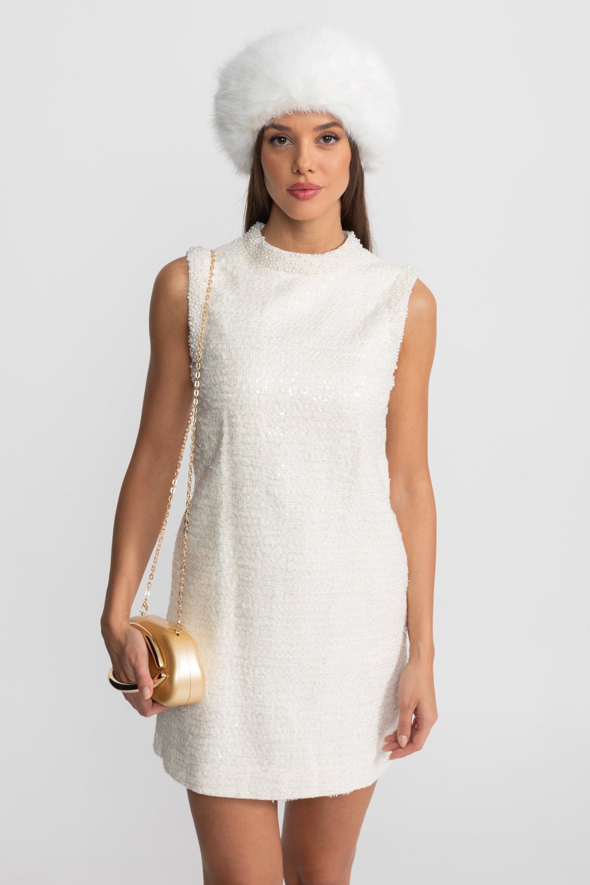 Sequin Tweed Mini Dress with Beaded Collar – White