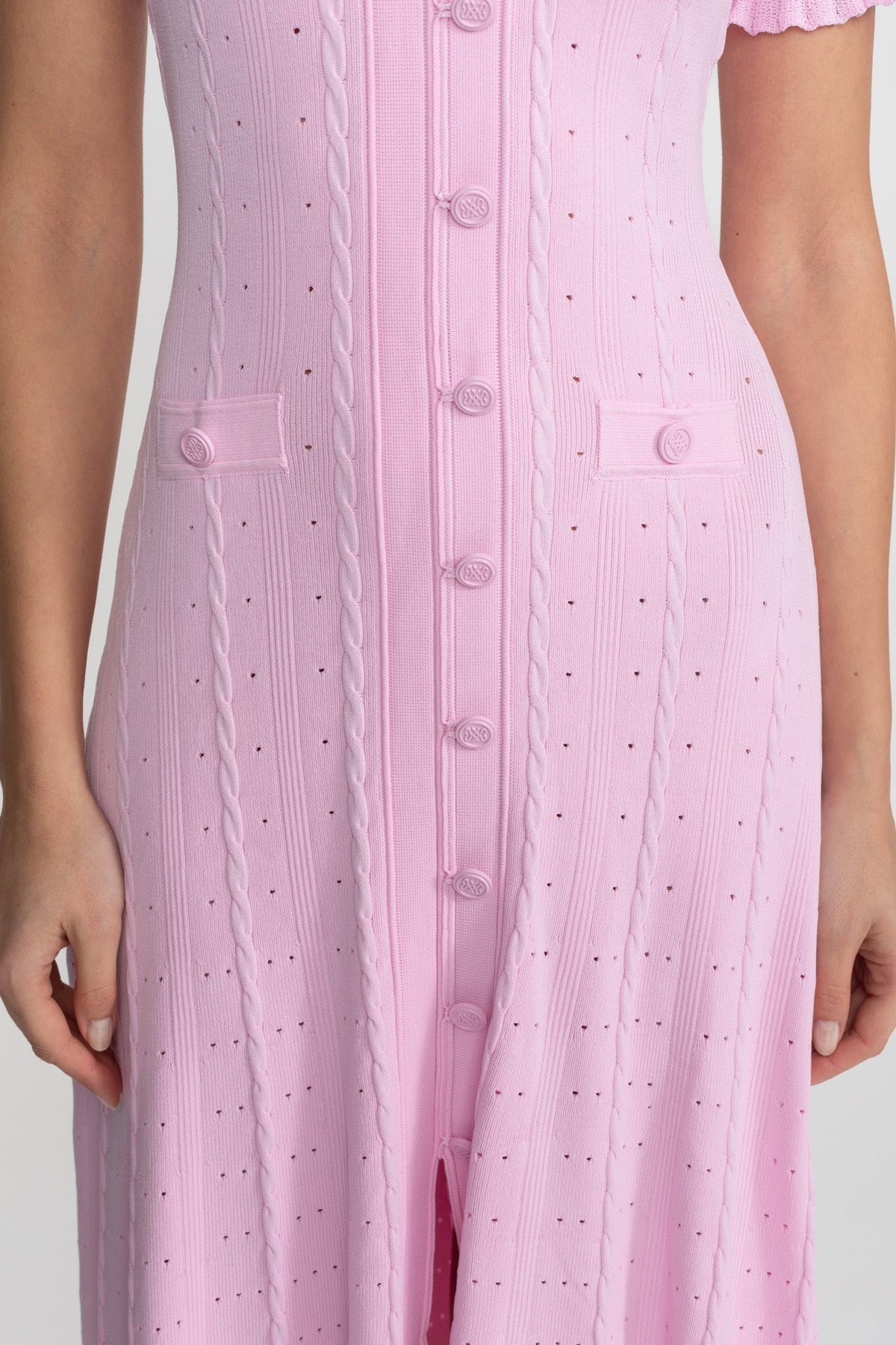 Corinne Pink Knit Button-Front Midi Dress with Scalloped Sleeves