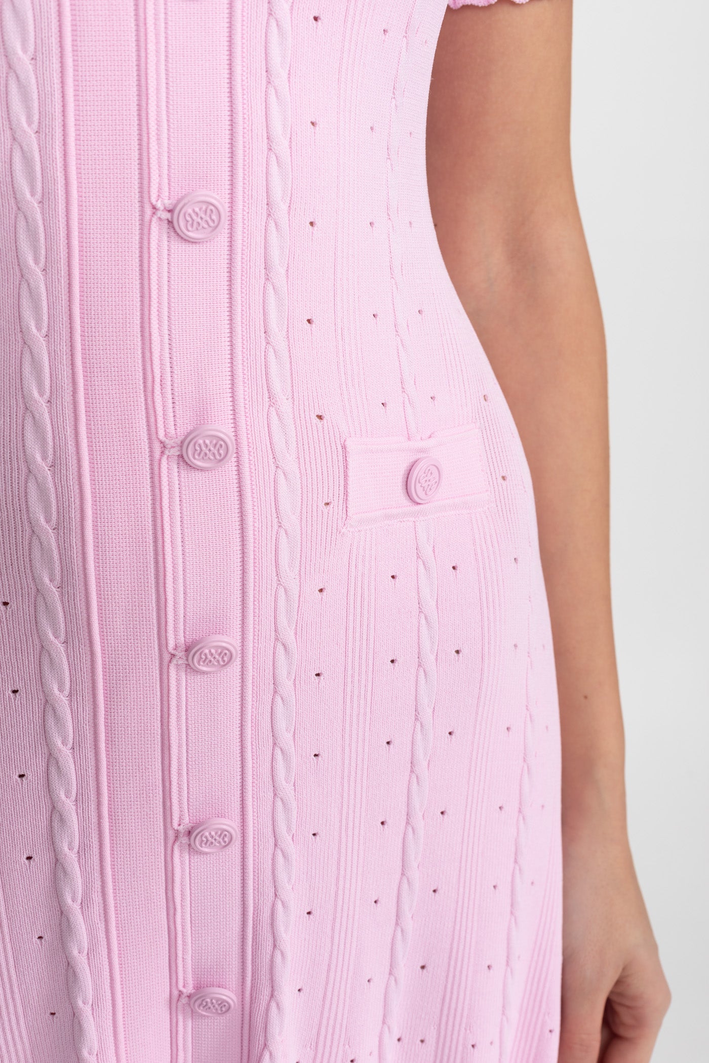 Corinne Pink Knit Button-Front Midi Dress with Scalloped Sleeves