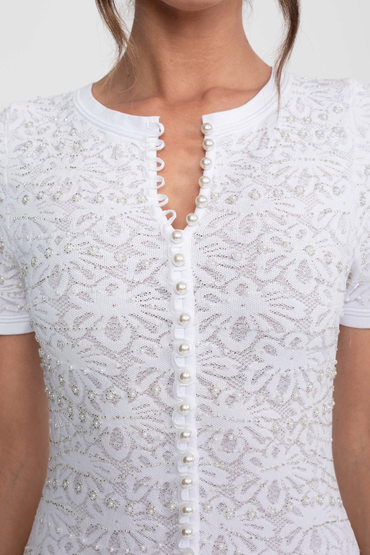 Celestine White Short Sleeve Midi Dress With Pearl Embellishments