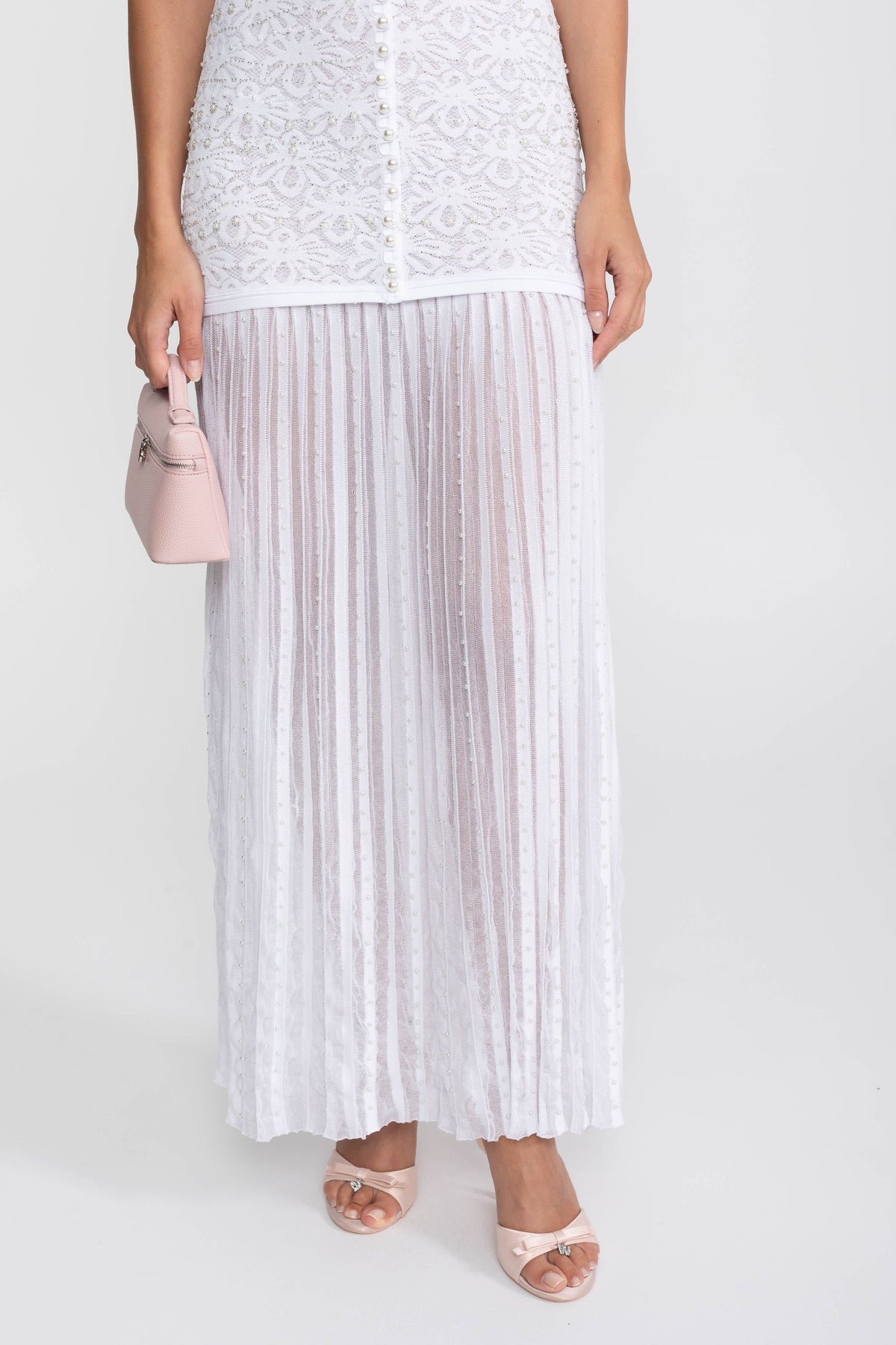 Celestine White Short Sleeve Midi Dress With Pearl Embellishments