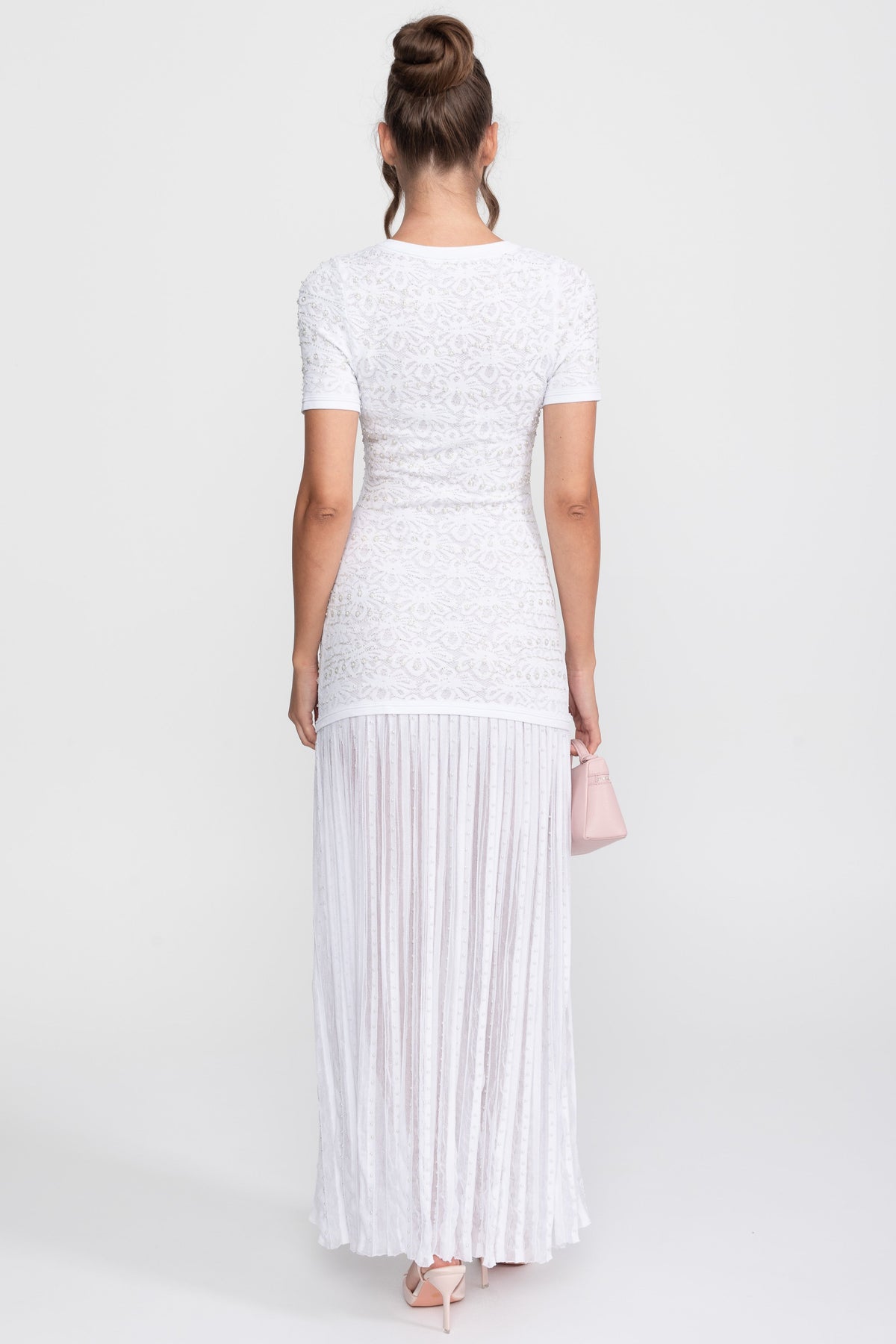 Celestine White Short Sleeve Midi Dress With Pearl Embellishments