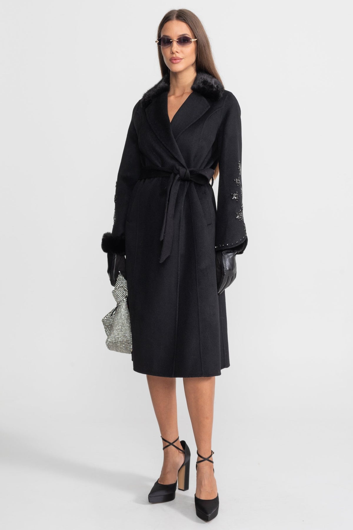 Embellished Wool Overcoat With Fox Fur Collar – Black