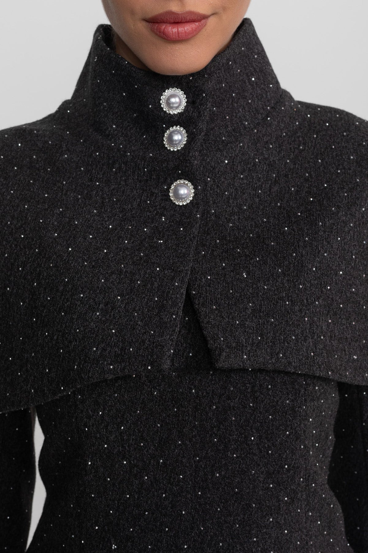 Long Sleeve Mini Dress With Detachable Cape Overlay - Charcoal