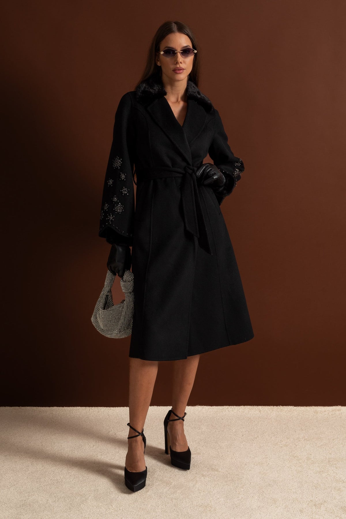 Embellished Wool Overcoat With Fox Fur Collar – Black