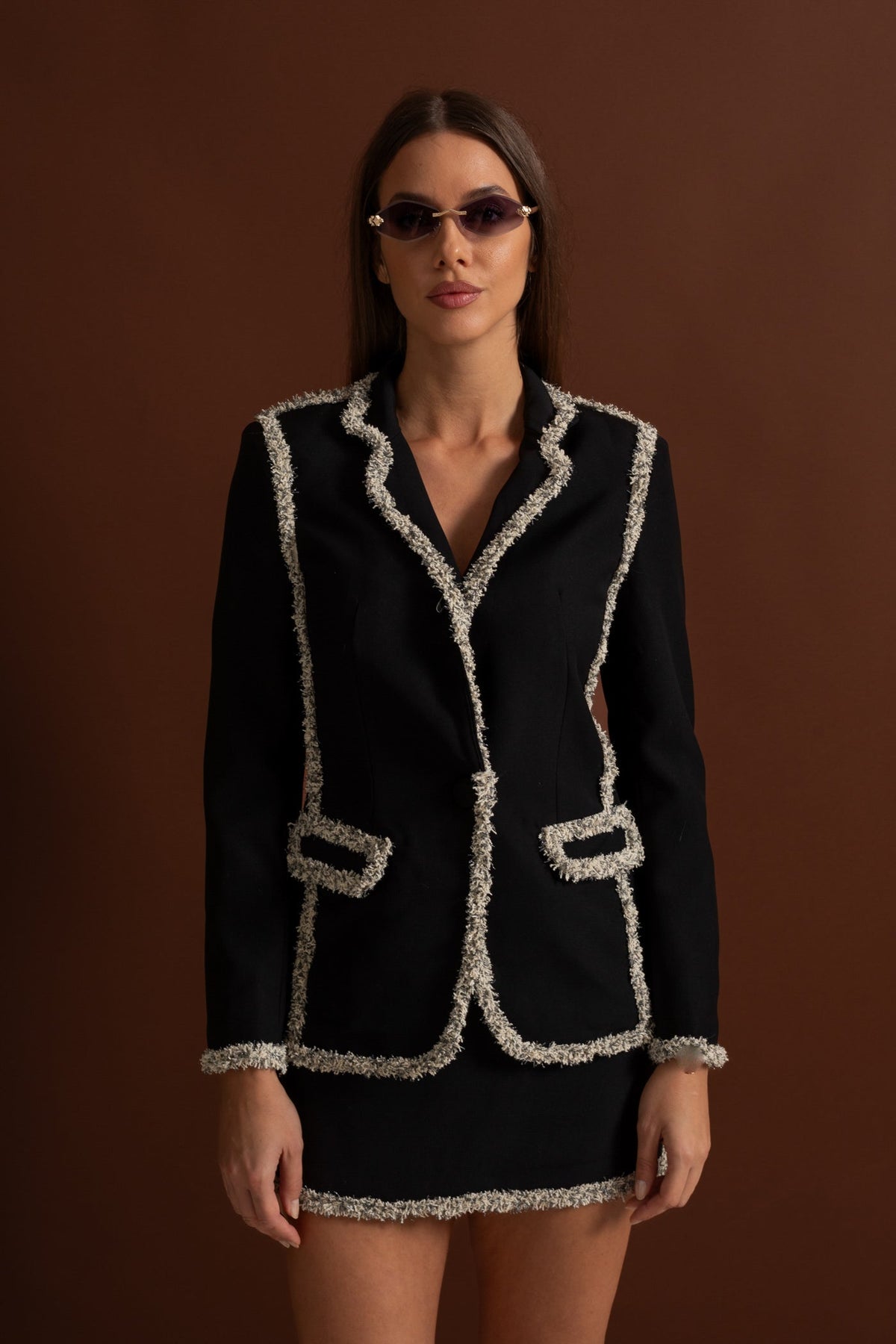 Oriane Black Tweed Set With Sparkling Trim Blazer And Matching Mini Skirt