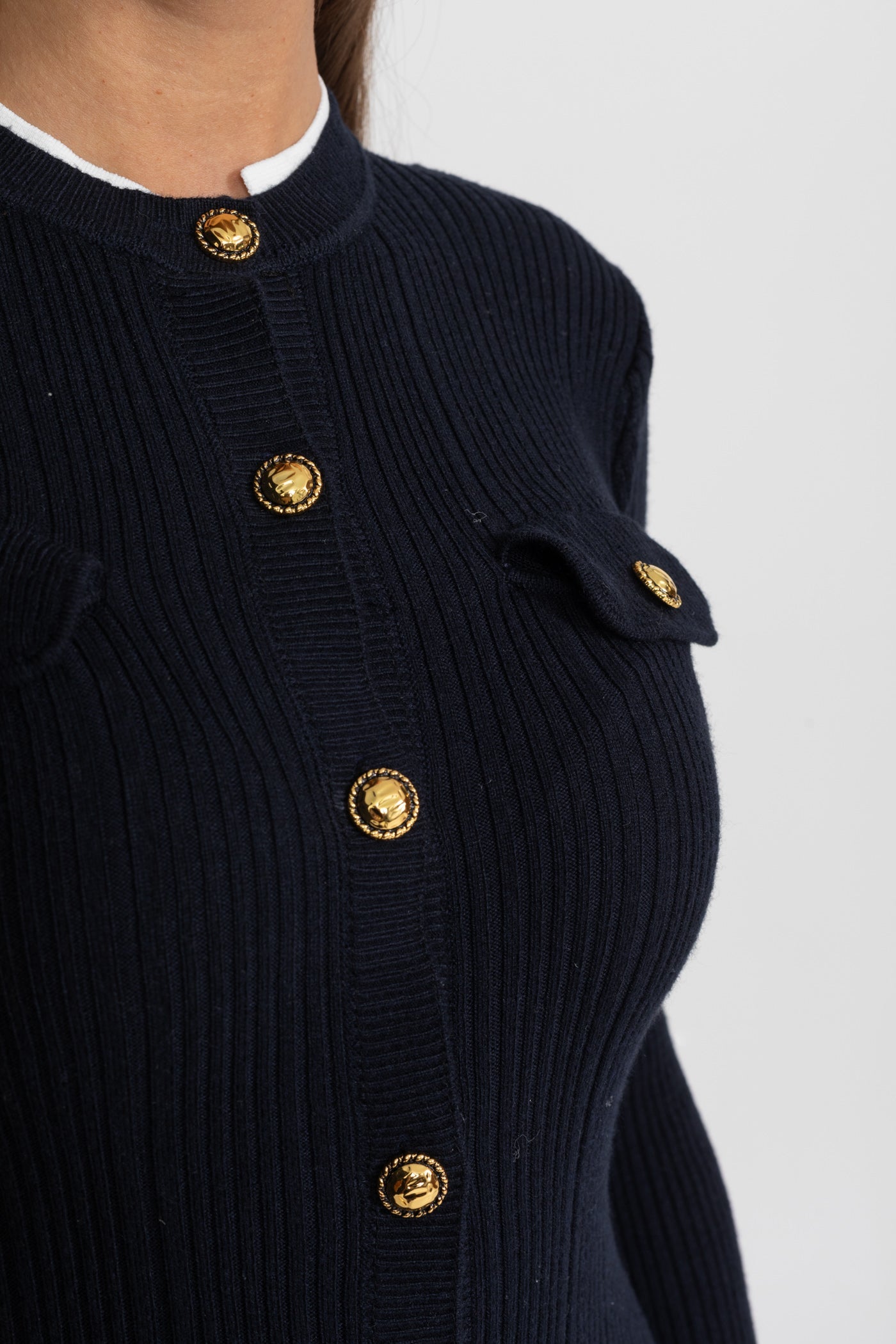 Octavia Dark Blue Ribbed Knit Midi Dress with Gold Button Fastening