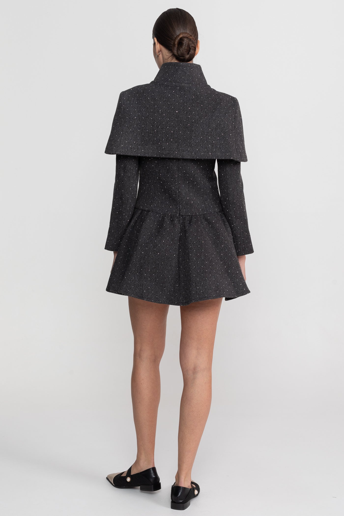 Long Sleeve Mini Dress With Detachable Cape Overlay - Charcoal