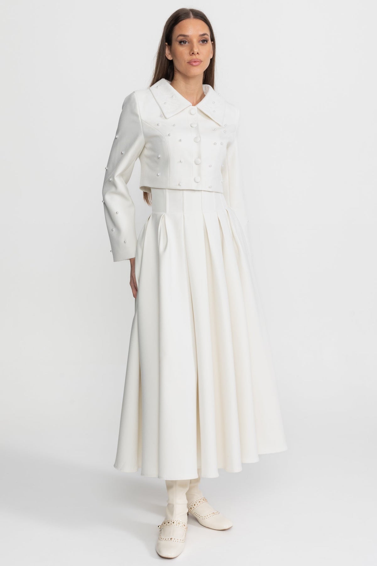 Pearl-Embellished Co-Ord Set with Cropped Jacket and Full Skirt – White