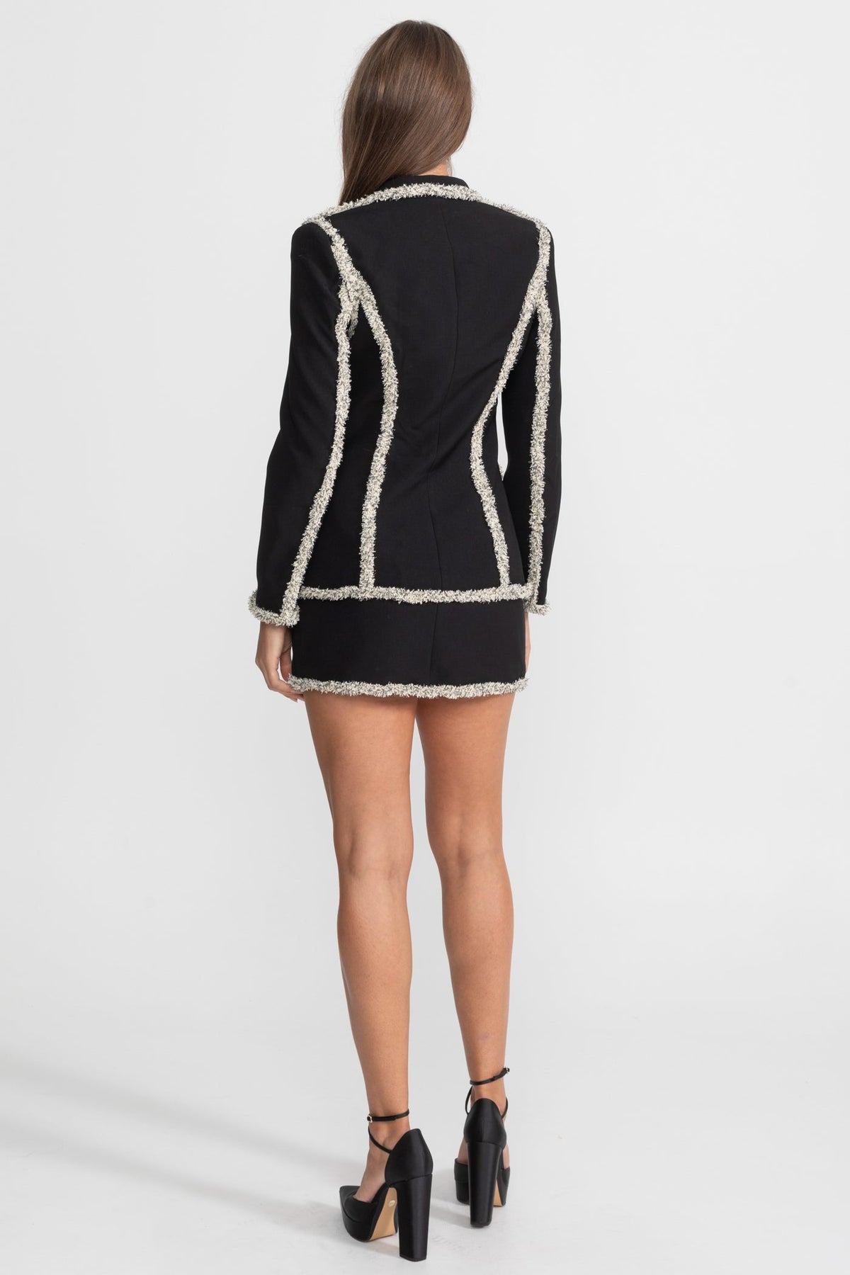 Oriane Black Tweed Set With Sparkling Trim Blazer And Matching Mini Skirt