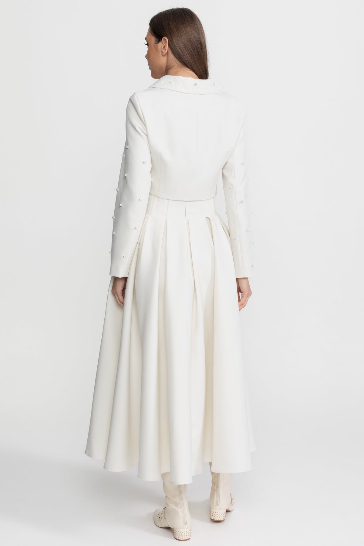Pearl-Embellished Co-Ord Set with Cropped Jacket and Full Skirt – White