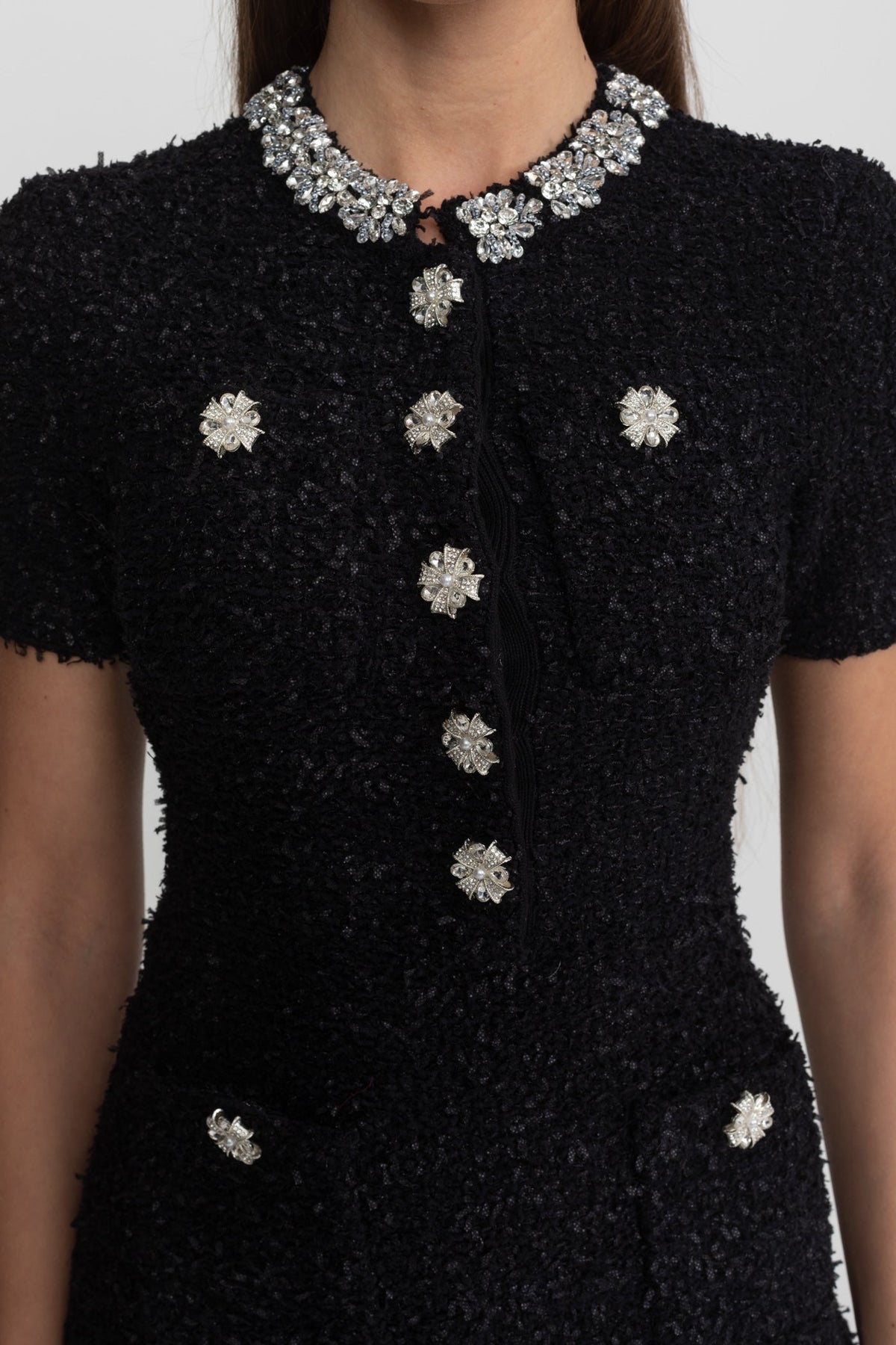 Claudette Black Embellished Tweed Mini Dress with Crystal Button Details