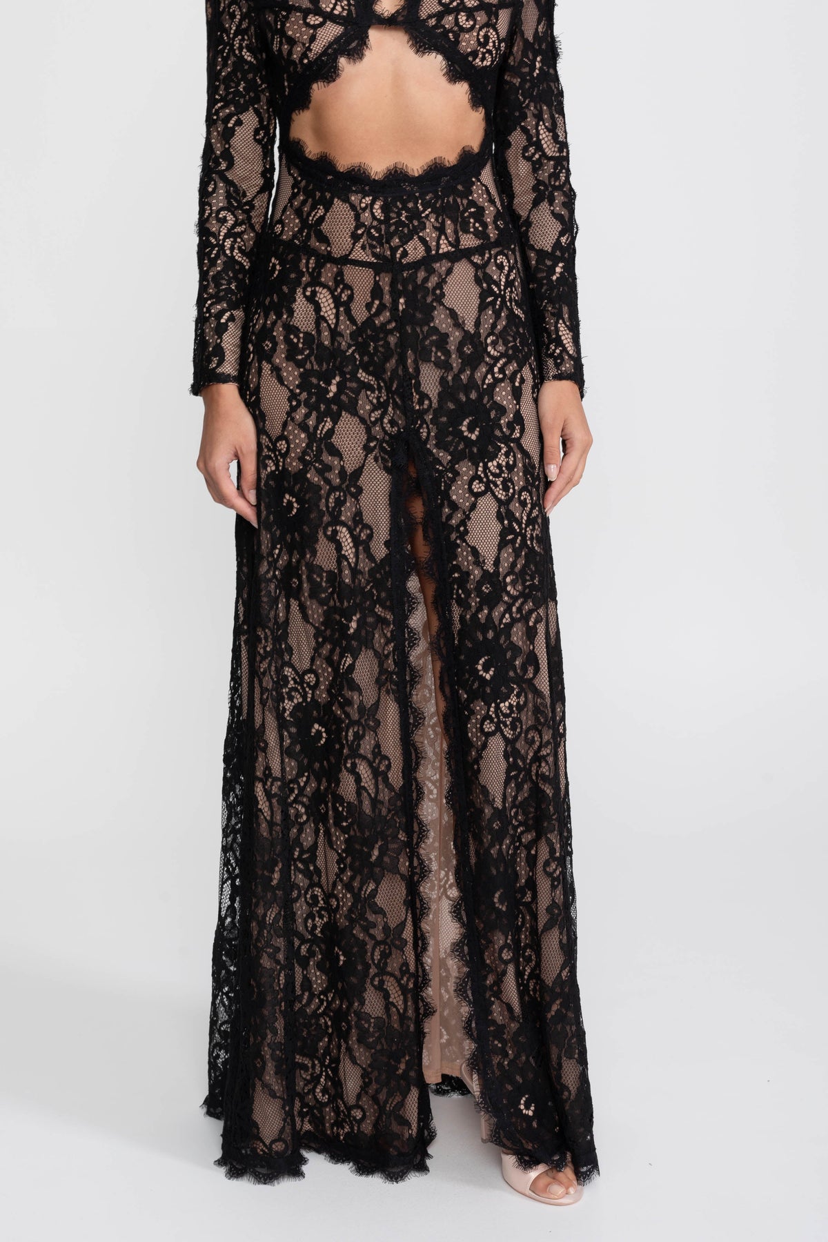 Elegant Lace Gown With High Neck, Front Cutout And Slit - Black