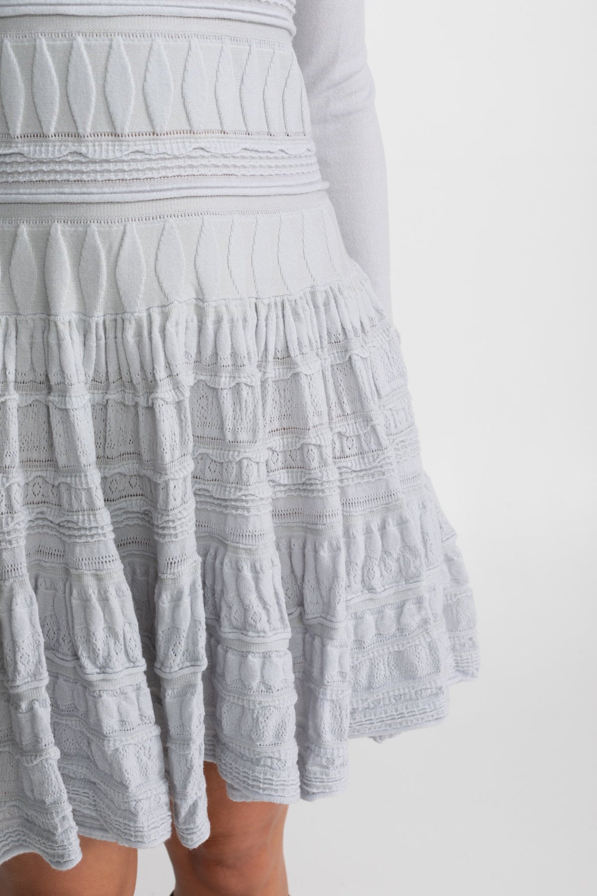 Ludovica Light Gray Textured Knit Mini Dress with Flared Skirt