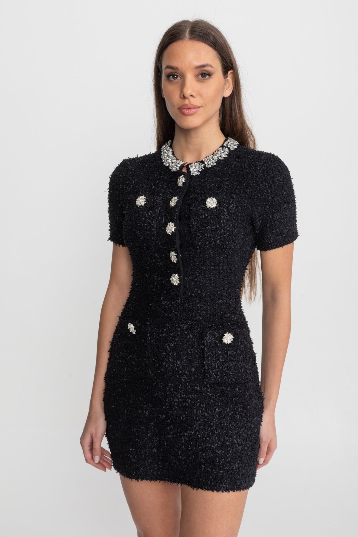 Claudette Black Embellished Tweed Mini Dress with Crystal Button Details