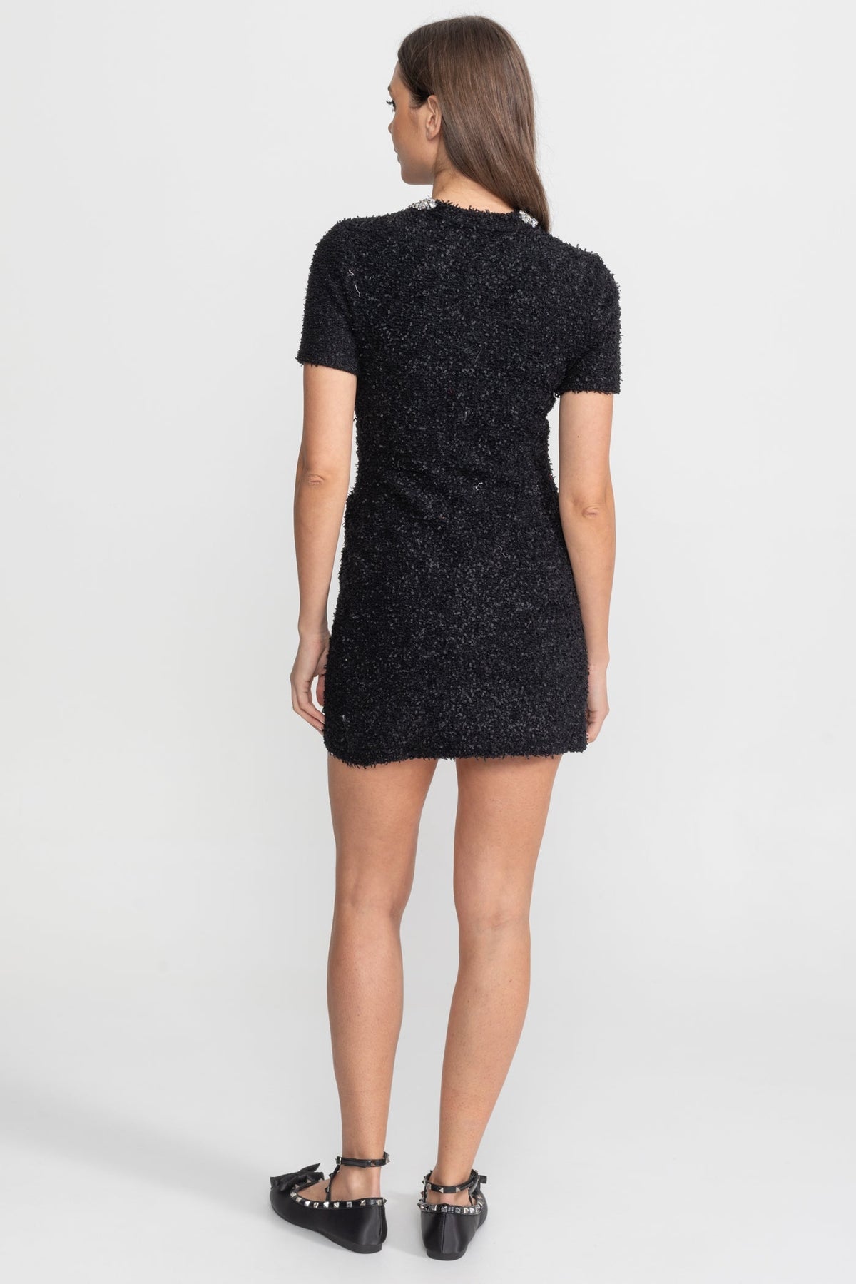 Claudette Black Embellished Tweed Mini Dress with Crystal Button Details