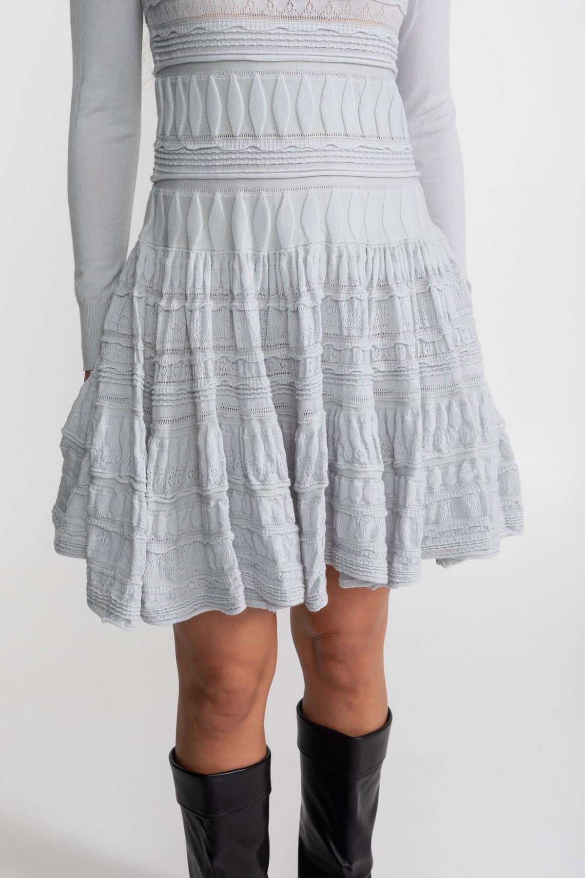 Ludovica Light Gray Textured Knit Mini Dress with Flared Skirt