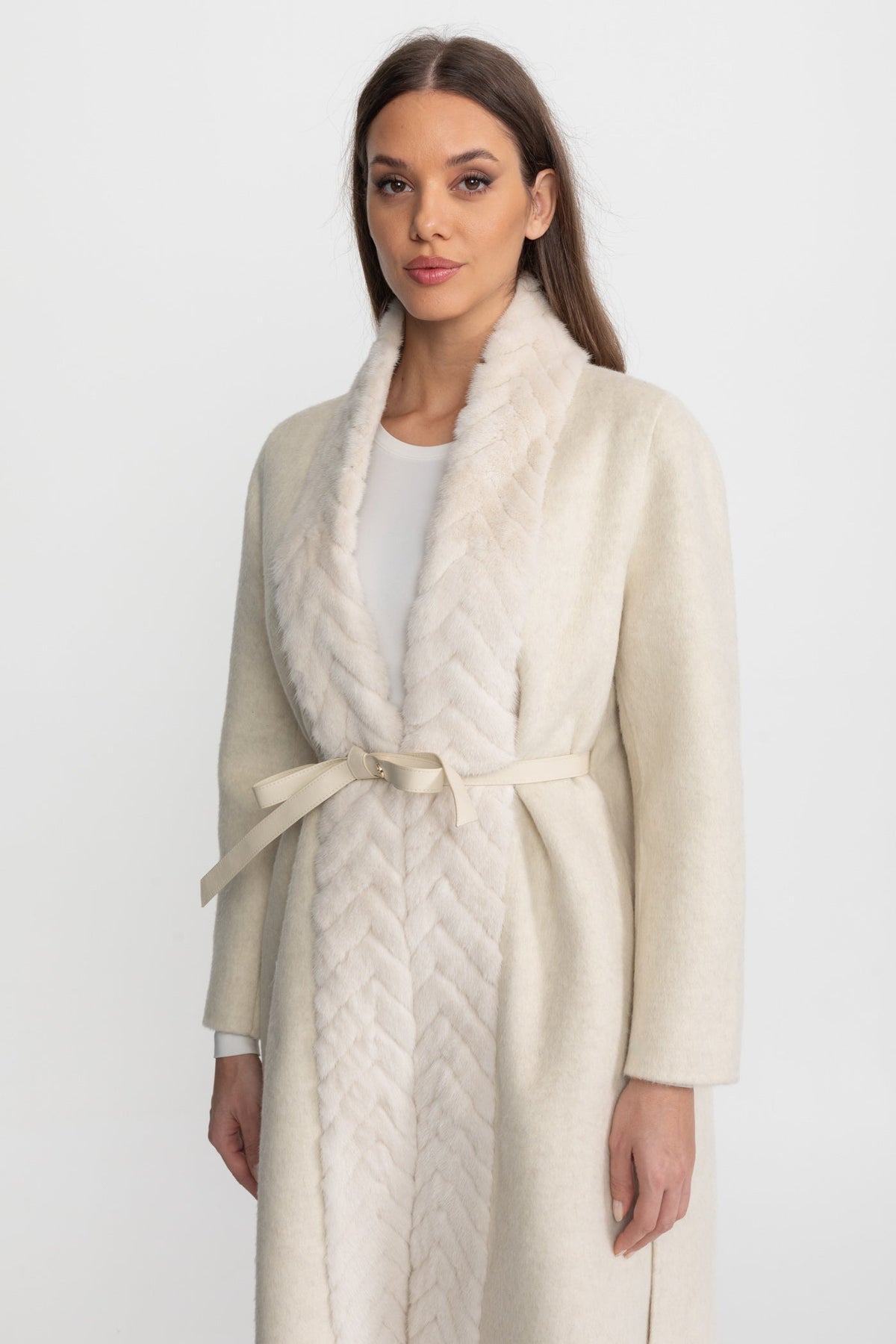 Wool Blend Belted Coat with Textured Sable Fur Panel – Ivoire