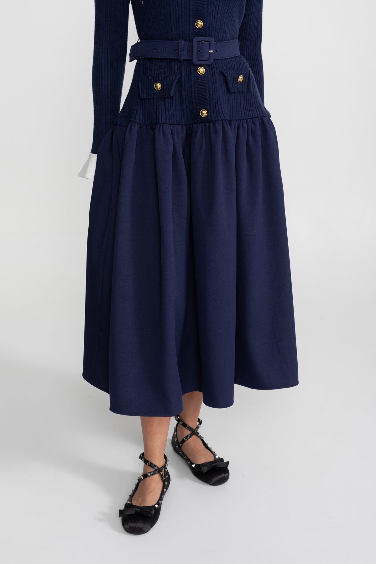 Odile Navy Ribbed Knit Midi Dress with Pleated Skirt and Belted Waist