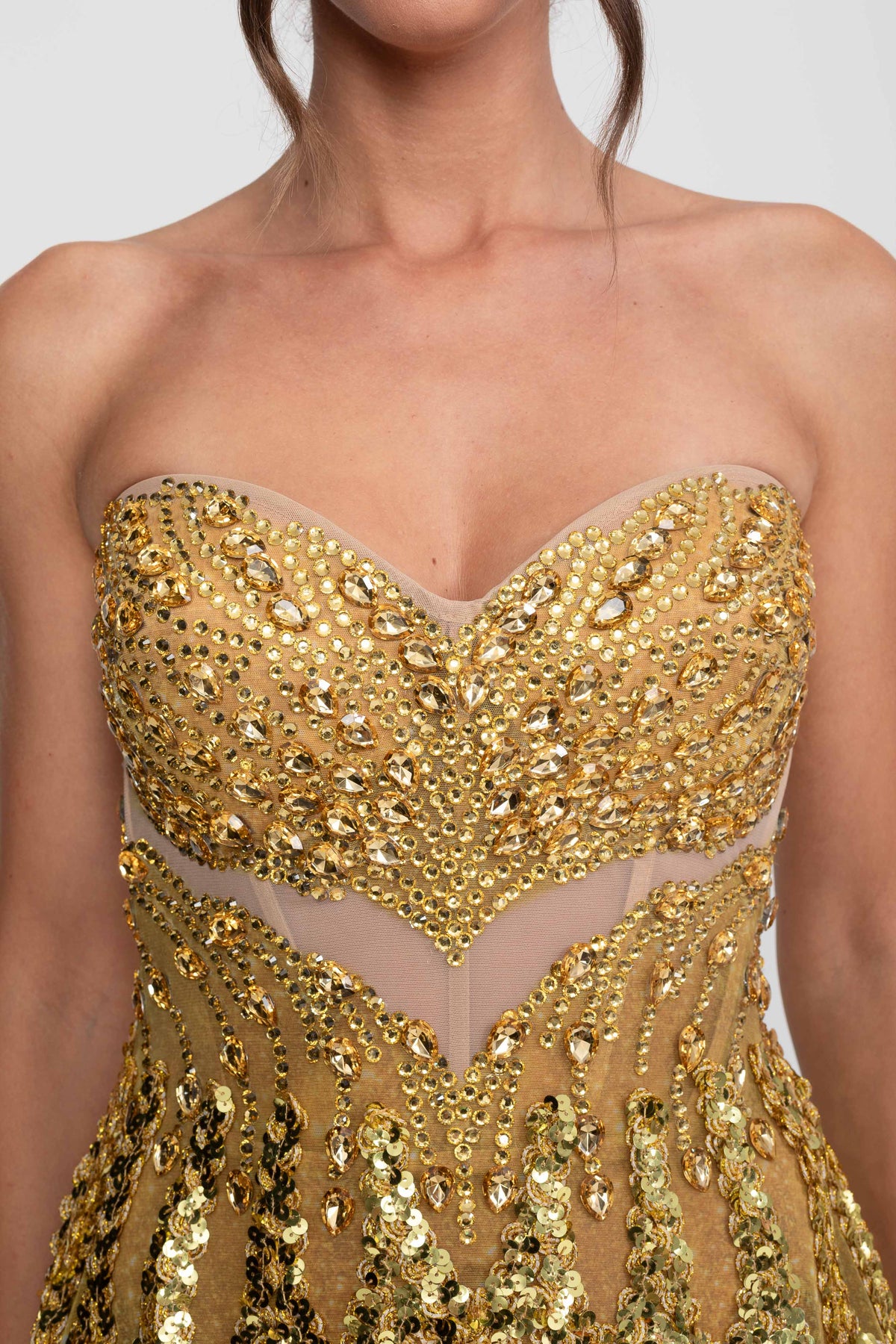 Jeweled Fit-and-Flare Mini Dress With Sweetheart Neckline - Gold
