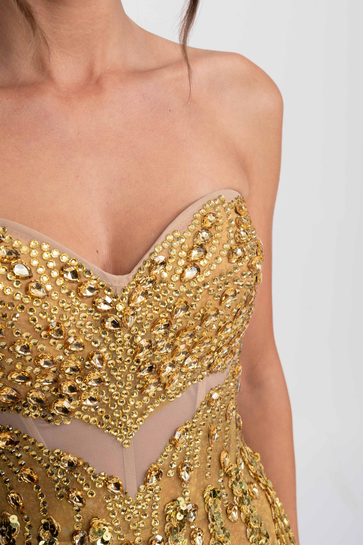 Jeweled Fit-and-Flare Mini Dress With Sweetheart Neckline - Gold