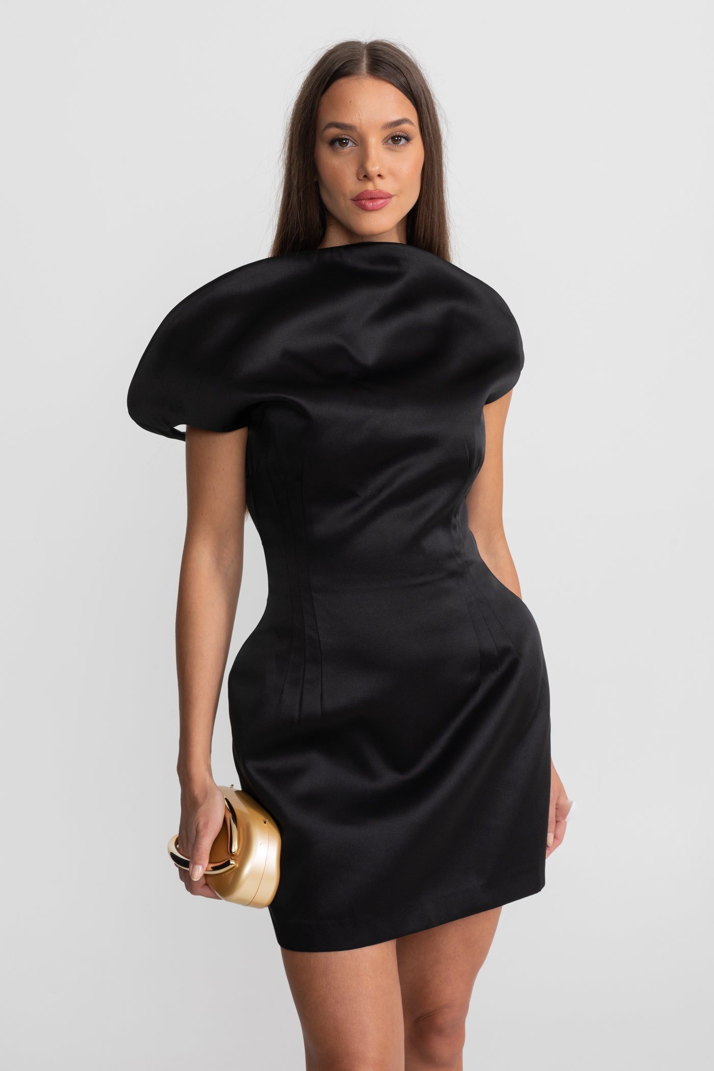 Satin Mini Dress with Sculptural Shoulder Detail - Black
