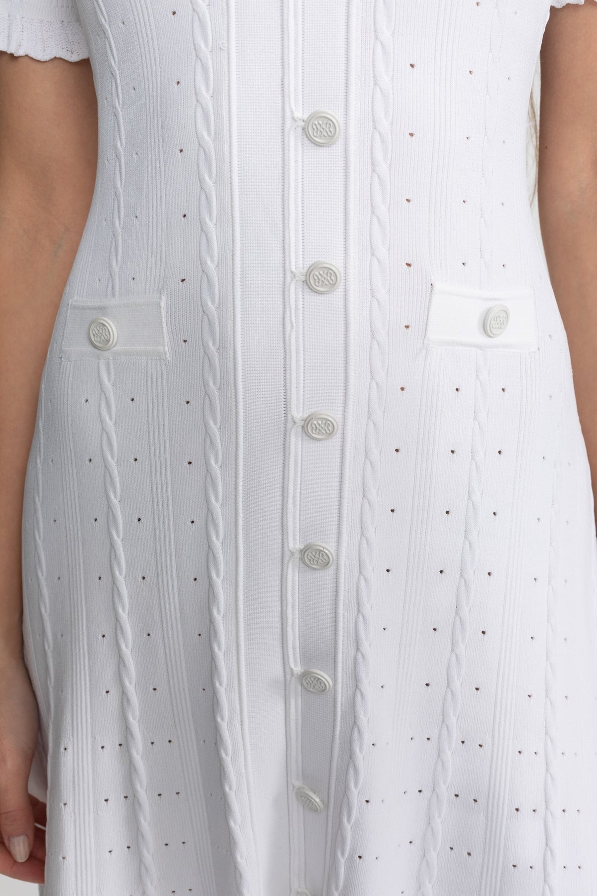 Corinne White Knit Button-Front Midi Dress with Scalloped Sleeves