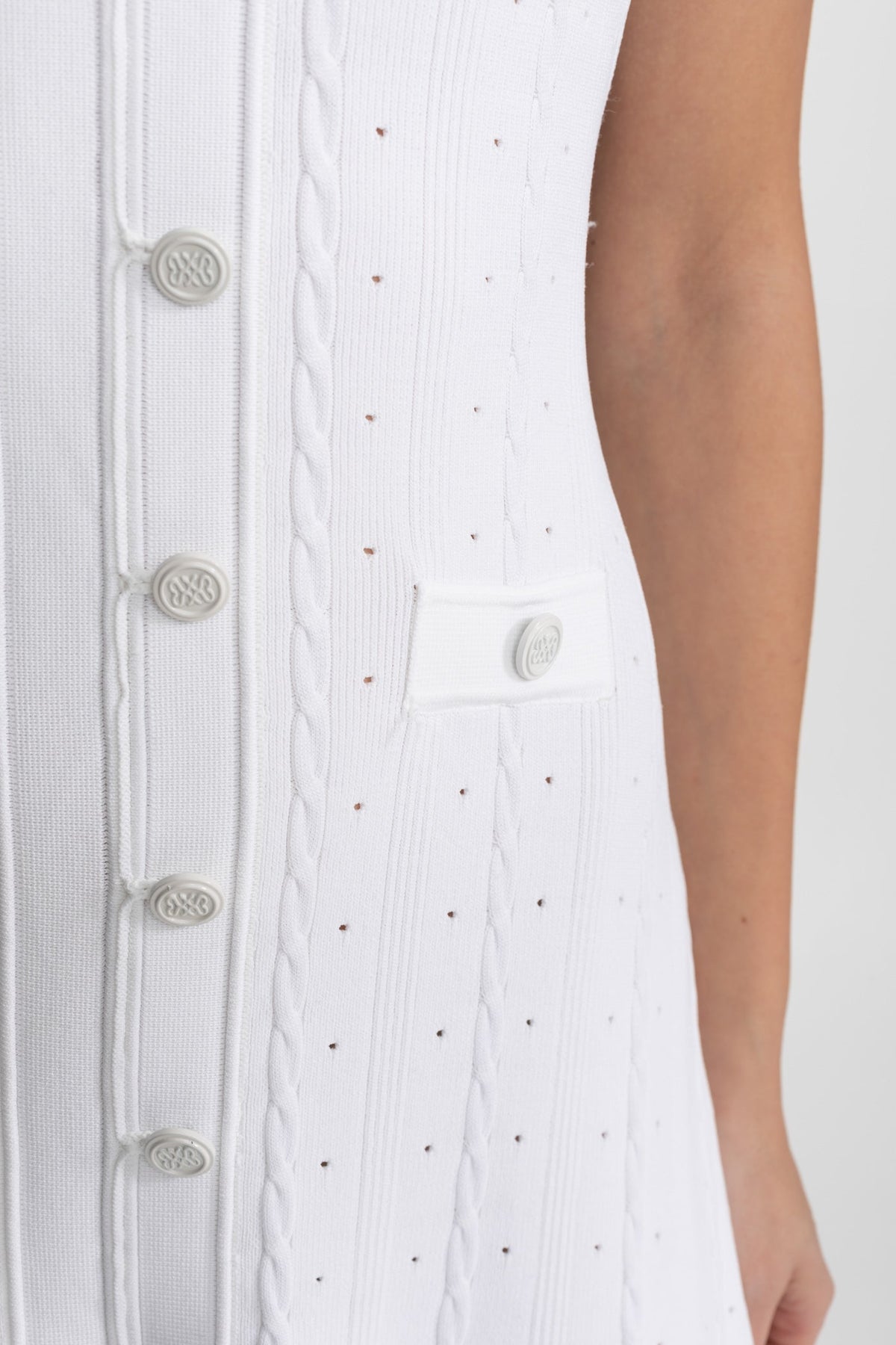 Corinne White Knit Button-Front Midi Dress with Scalloped Sleeves