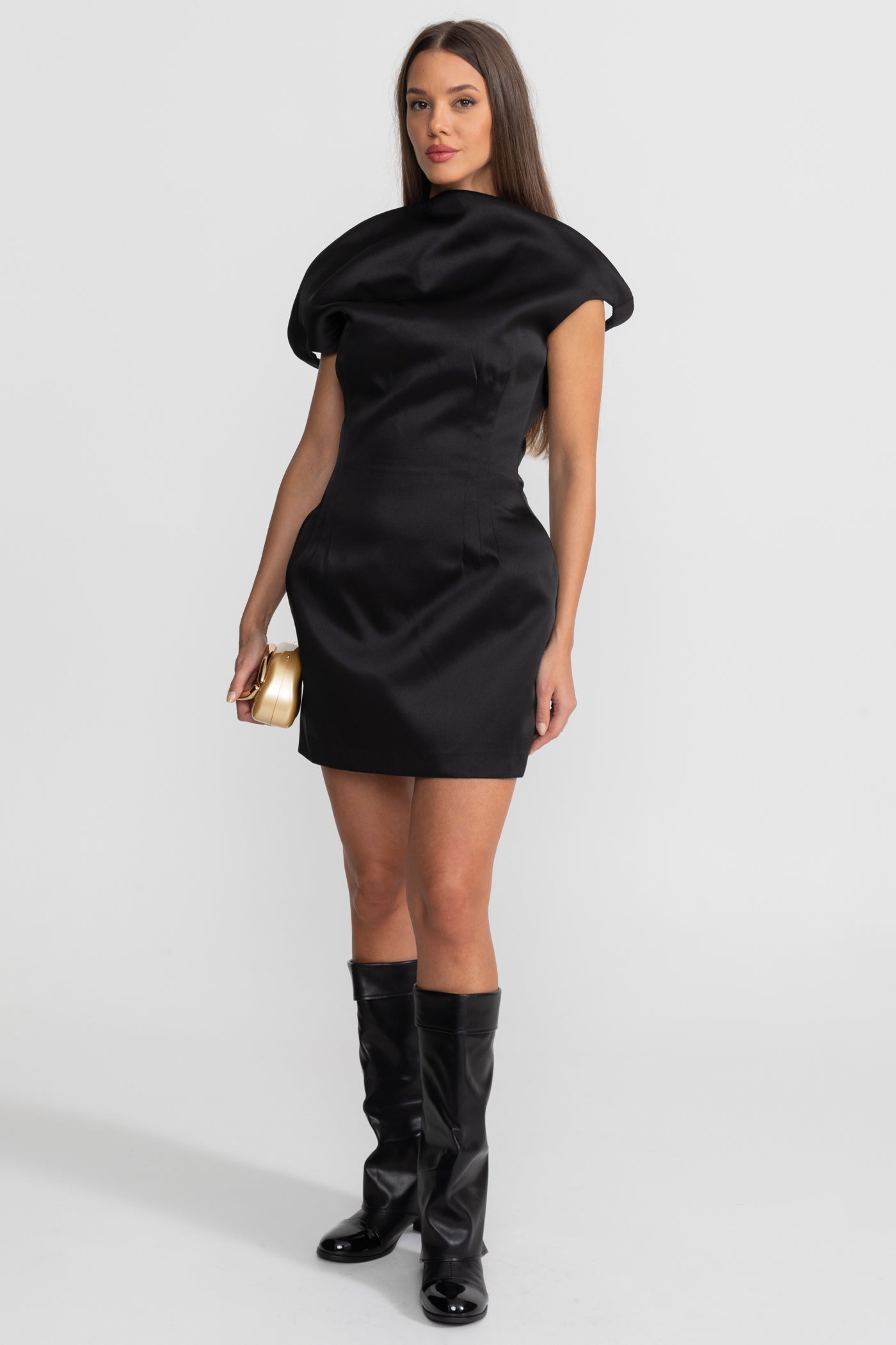Satin Mini Dress with Sculptural Shoulder Detail - Black