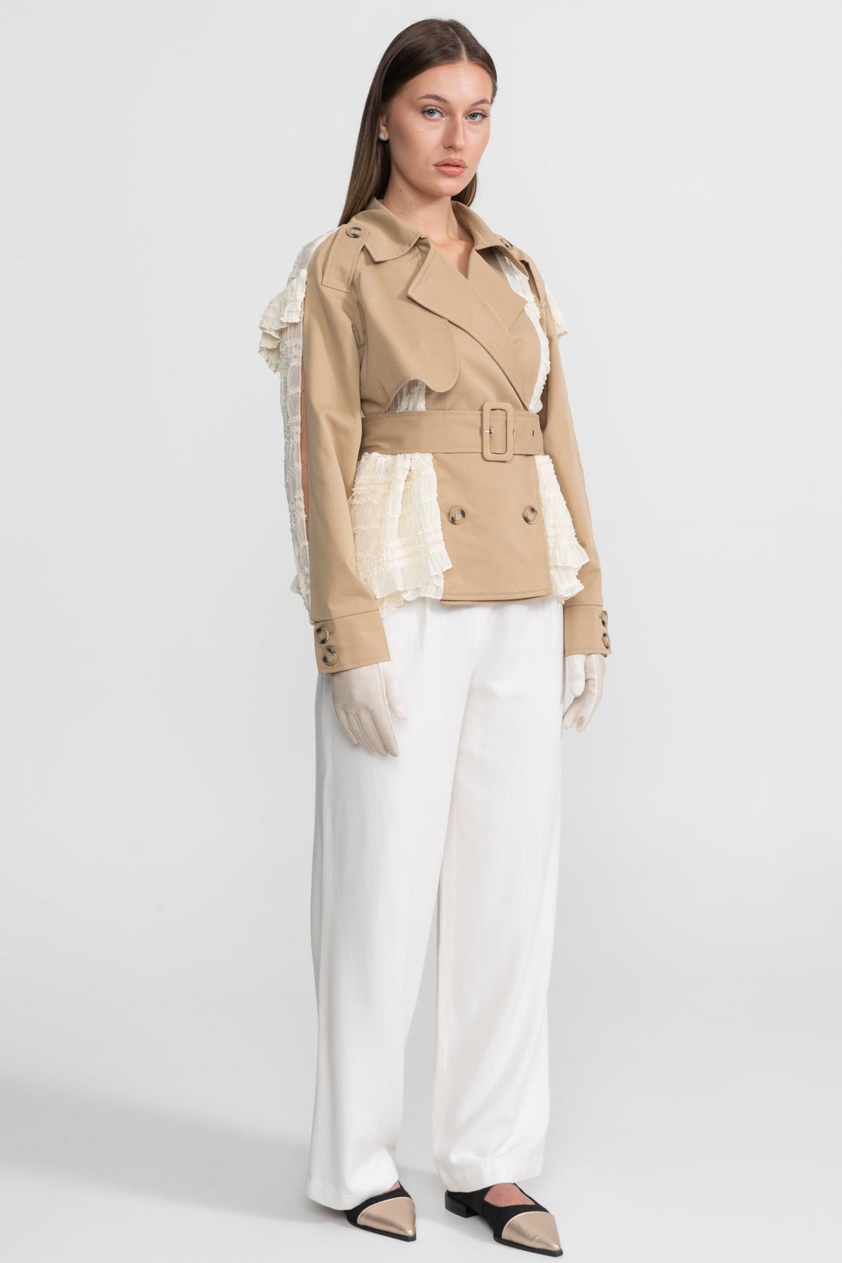 Lace Panel Trench Jacket With Belt – Beige
