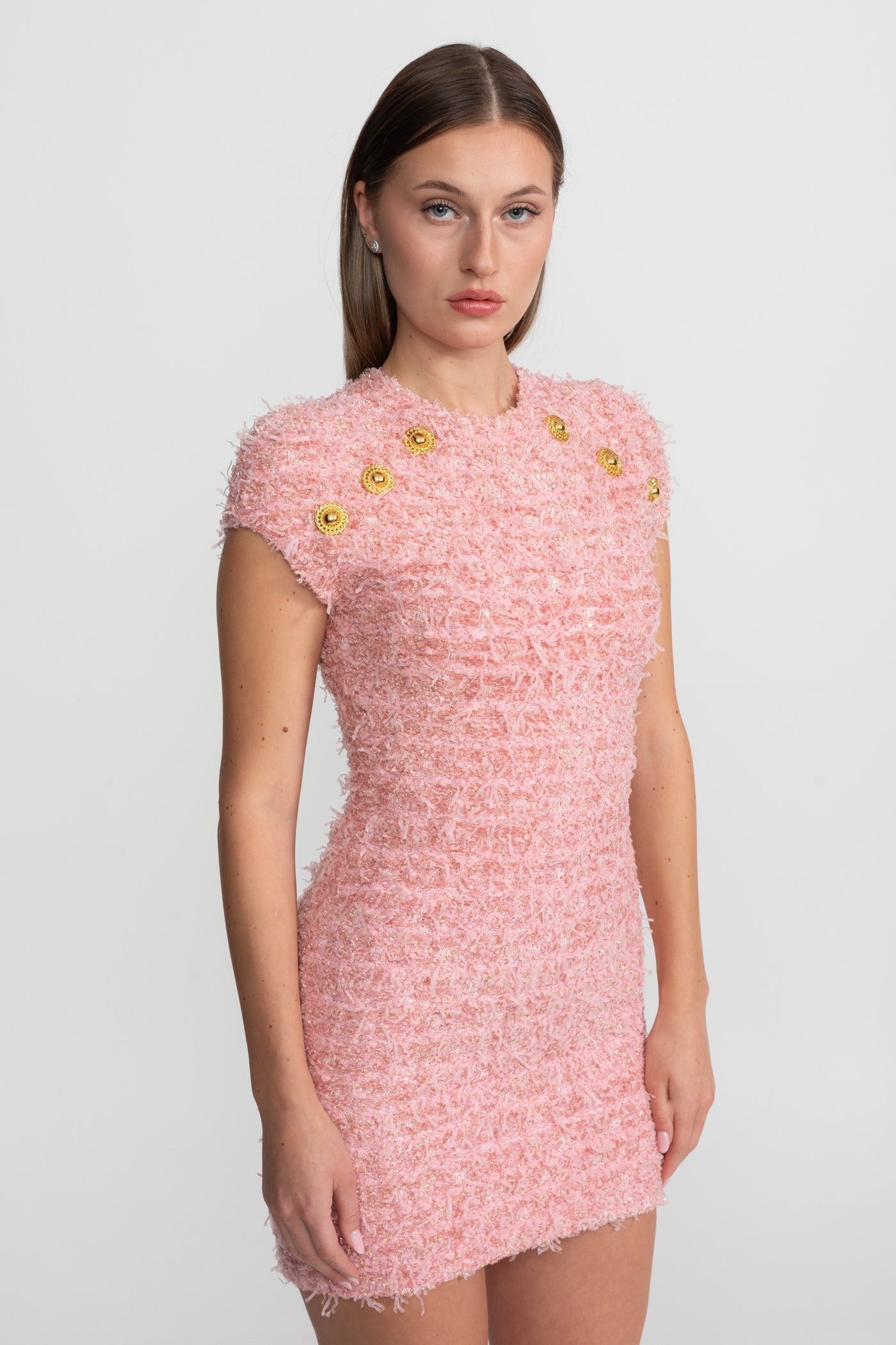 Textured Tweed Mini Dress With Gold Button Embellishments – Pink