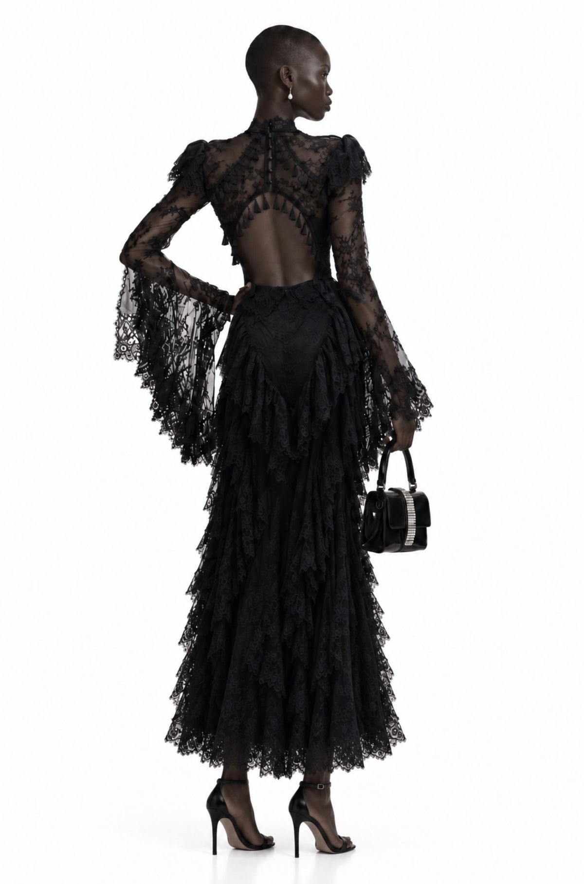 Séverine Tassel Trim Lace Corset Bell Sleeve Maxi Dress - Black, back