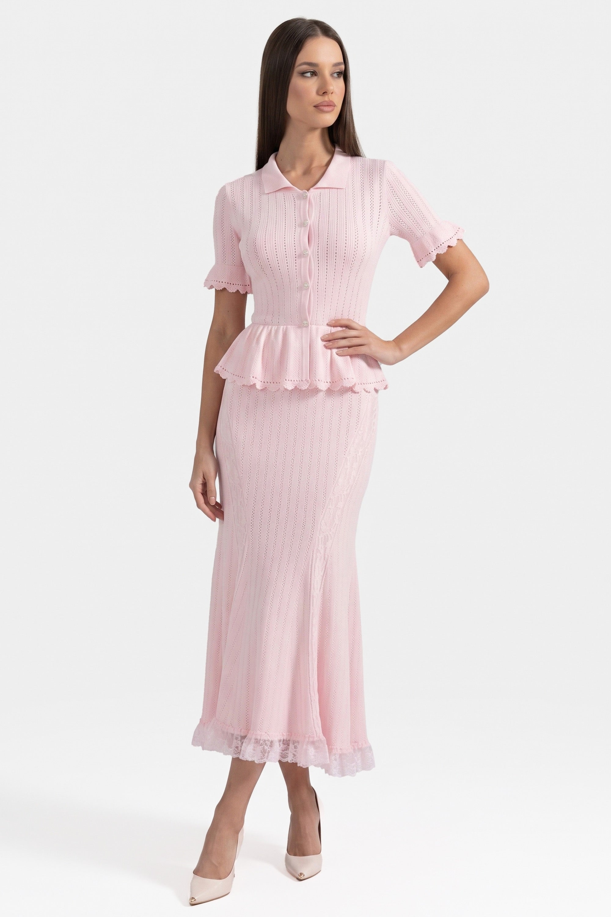 Peter-Pan Collar Knit Peplum Maxi Dress With Lace Hem - Pink