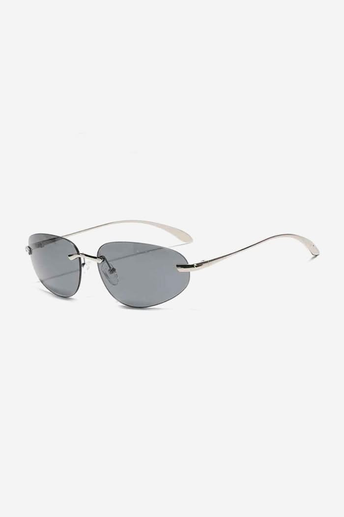 Minimalist Rimless Sunglasses with Sleek Metal Temples and Curved Arms – Grey