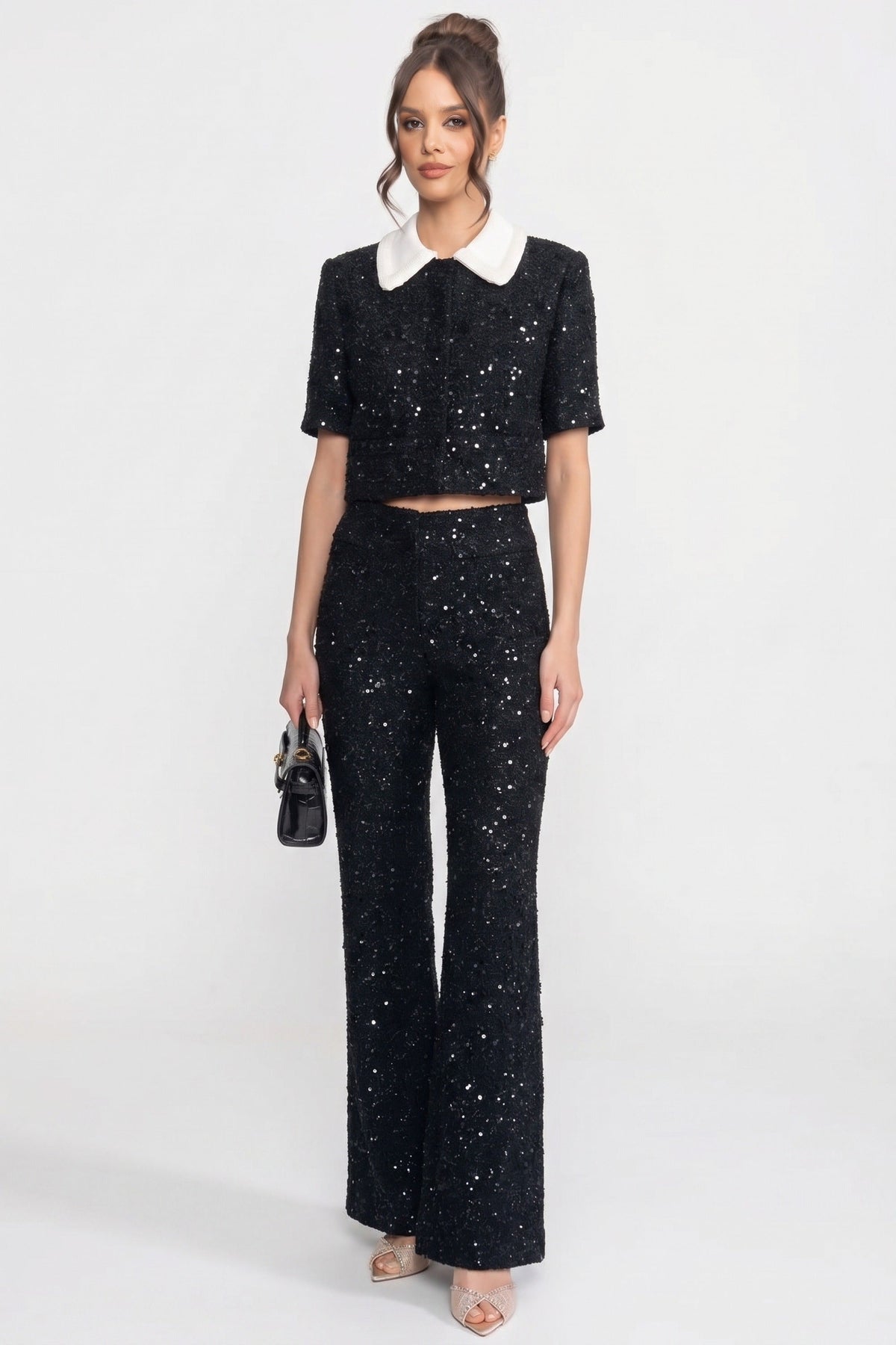 Zelie Black Short-Sleeve Tweed Cropped Jacket With Contrast Collar And Sequin Detail