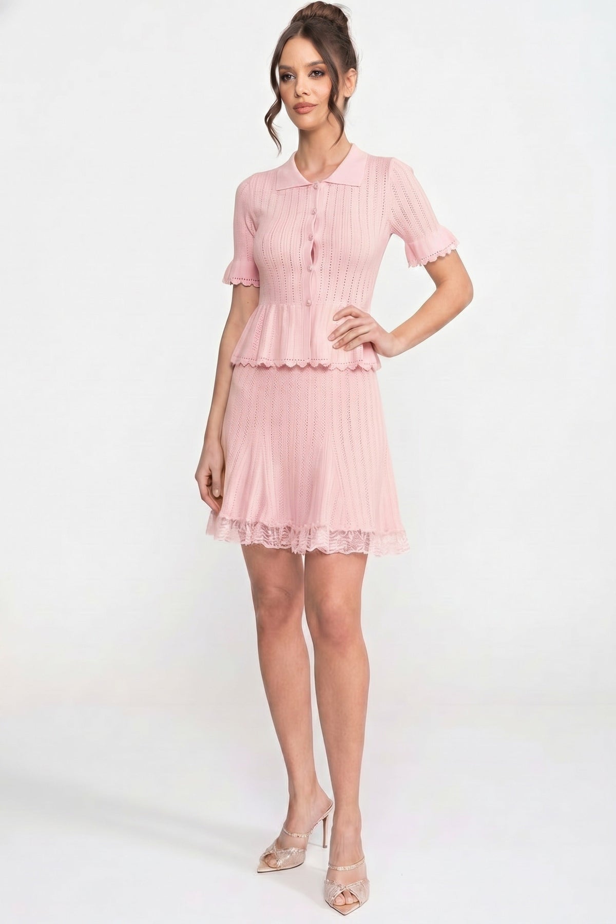 Lucille Pink Peter-Pan Collar Knit Peplum Co-Ord Set With Lace Hem