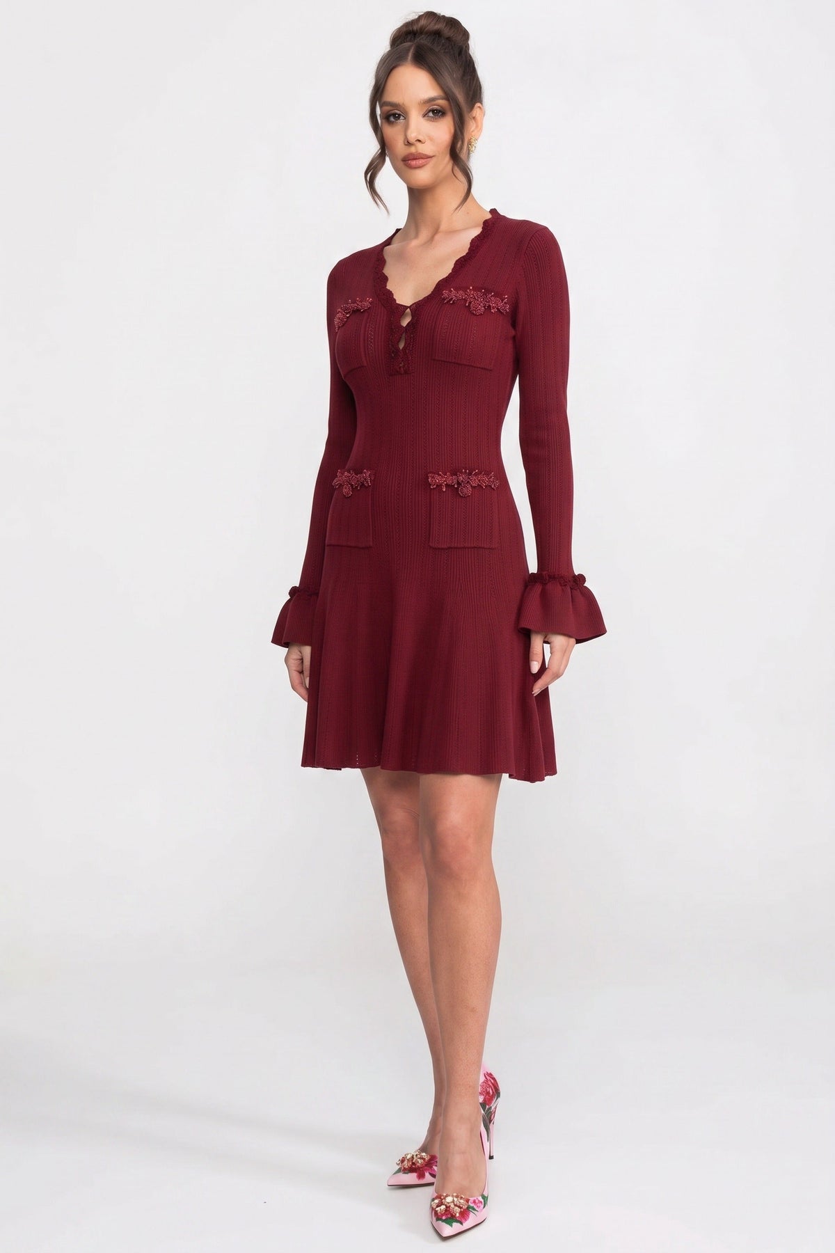 Henriette Burgundy Long-Sleeve V-Neck Knit Mini Dress With Ruffle Hem And Bow Cuffs