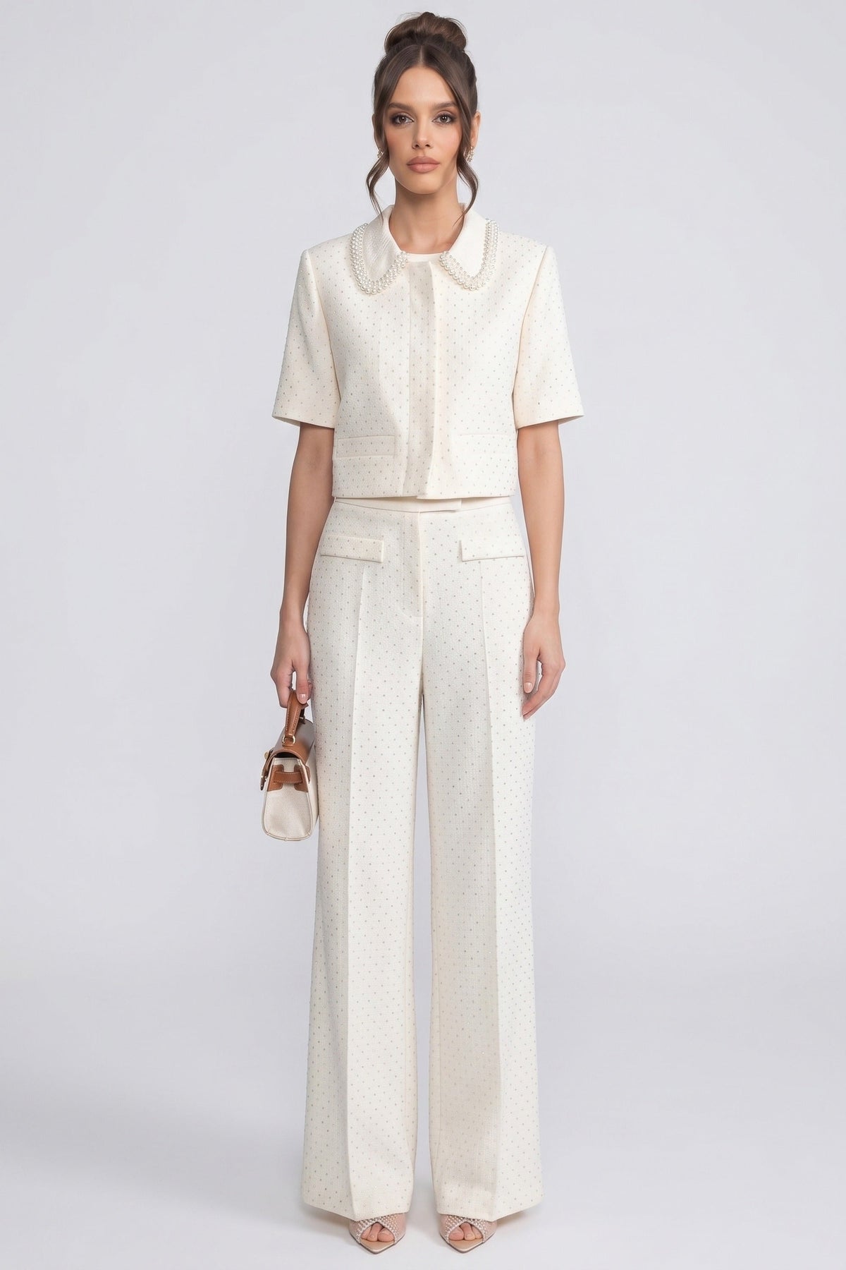 Victoire Ivoire Short-Sleeve Embellished Tweed Cropped Jacket With Crystal Collar