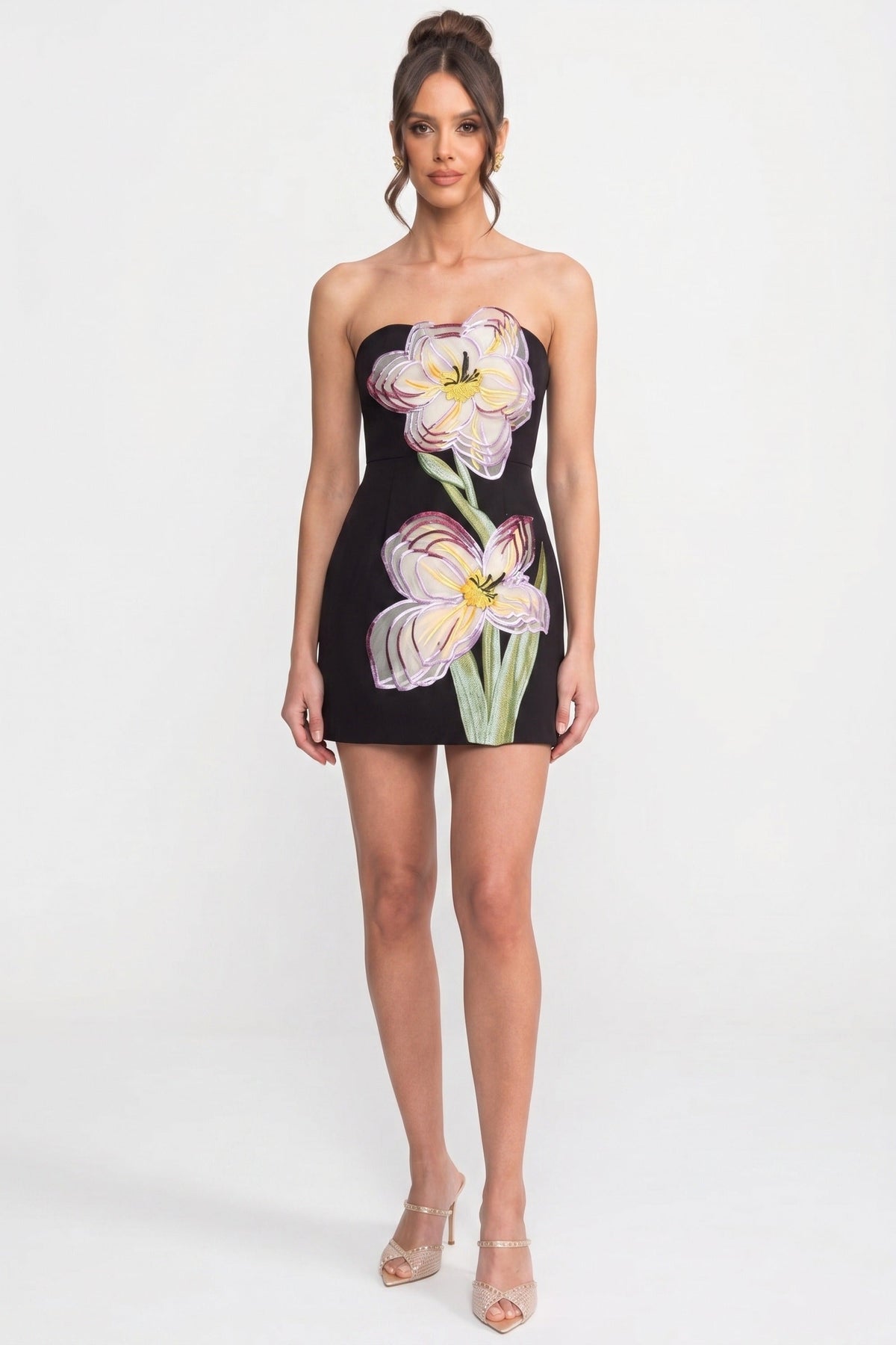 Strapless Mini Dress With 3D Iris Floral Appliqué - Black