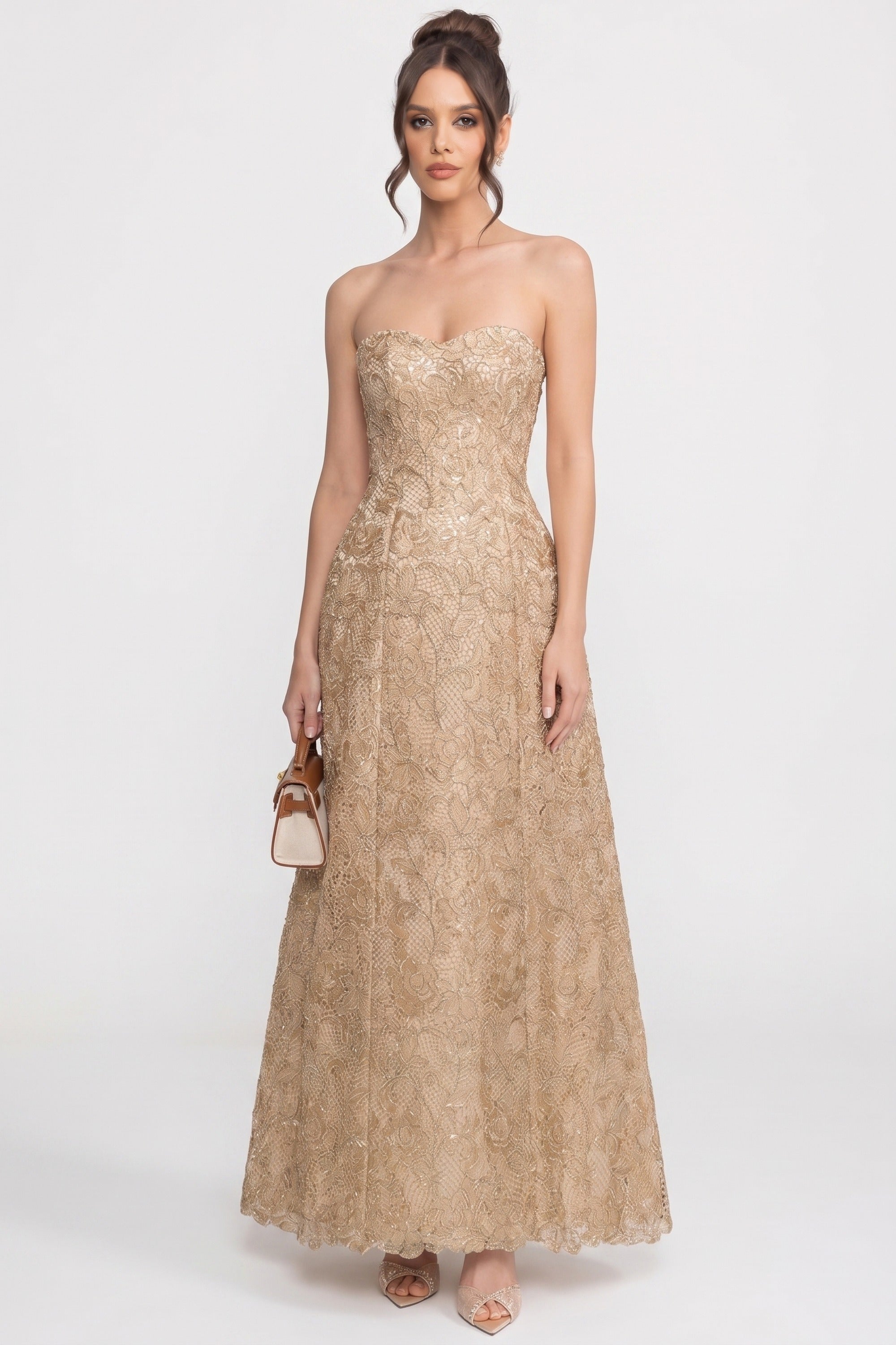 Strapless Floral Lace Ballgown With Full A-Line Skirt - Gold