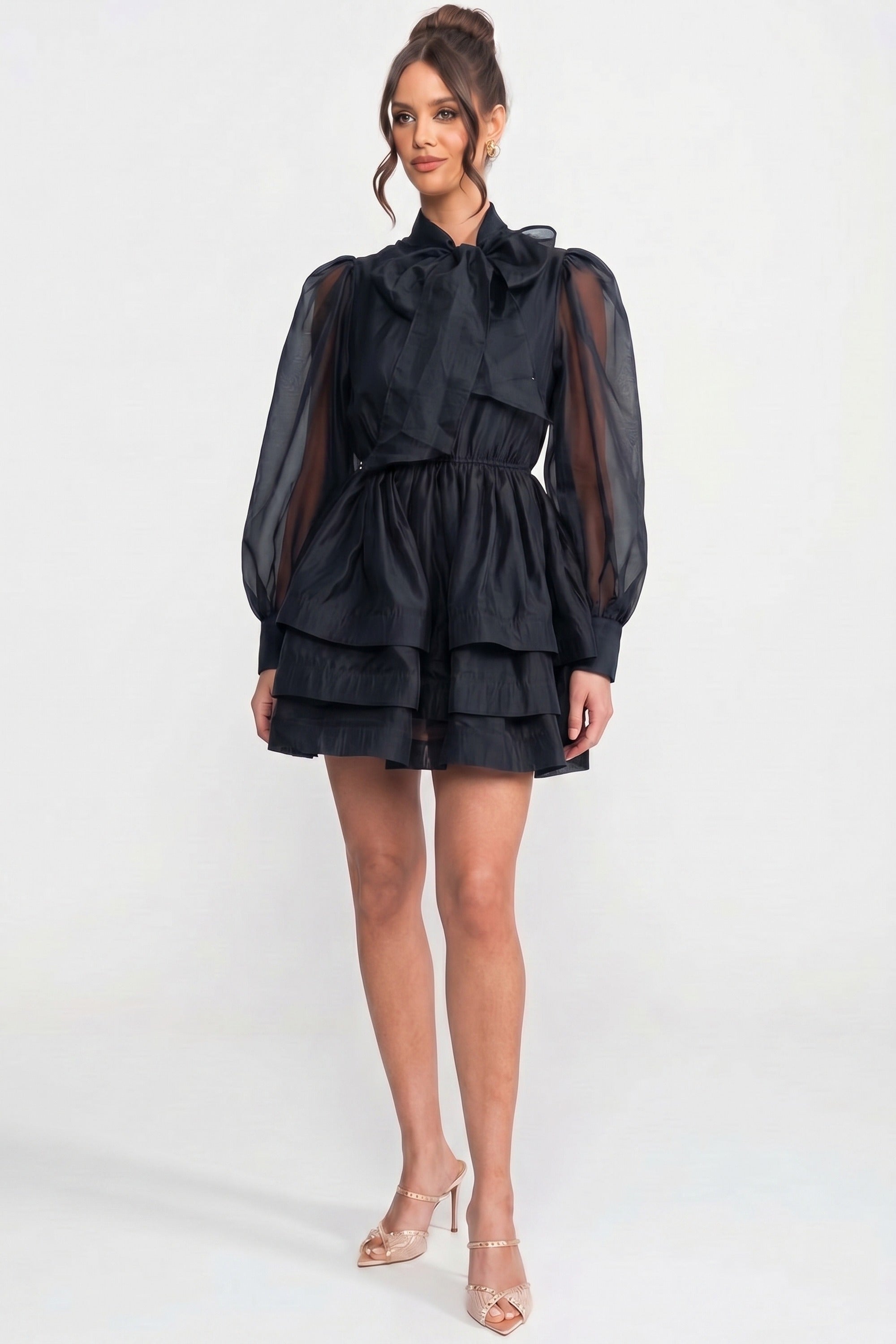 High-Neck Puff-Sleeve Mini Dress With Tiered Ruffle Skirt And Bow - Black