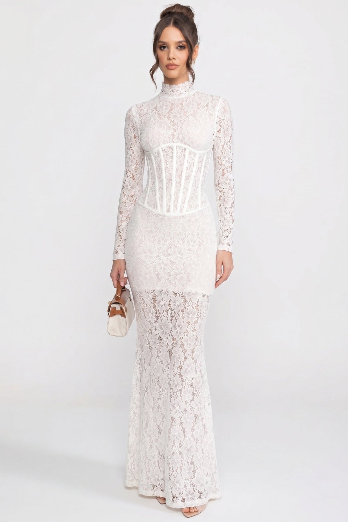 High-Neck Long-Sleeve Lace Maxi Dress With Column Silhouette - White