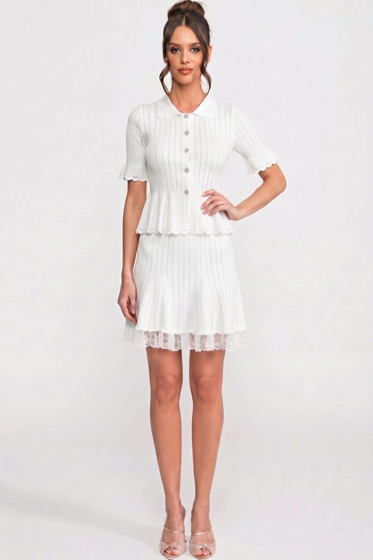Lucille White Peter-Pan Collar Knit Peplum Co-Ord Set With Lace Hem