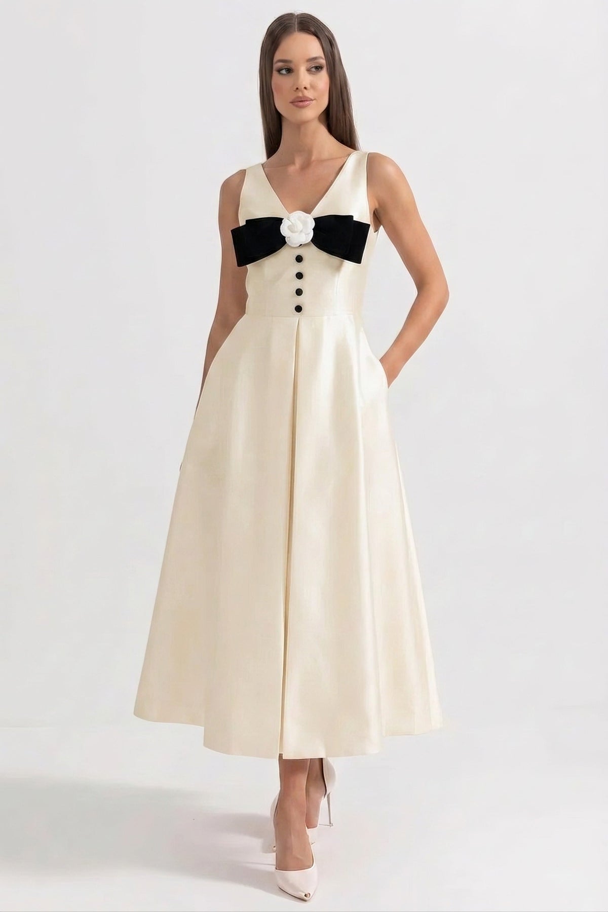 Halter Neck Maxi Dress With Black Bow Bustline And Button Front - White