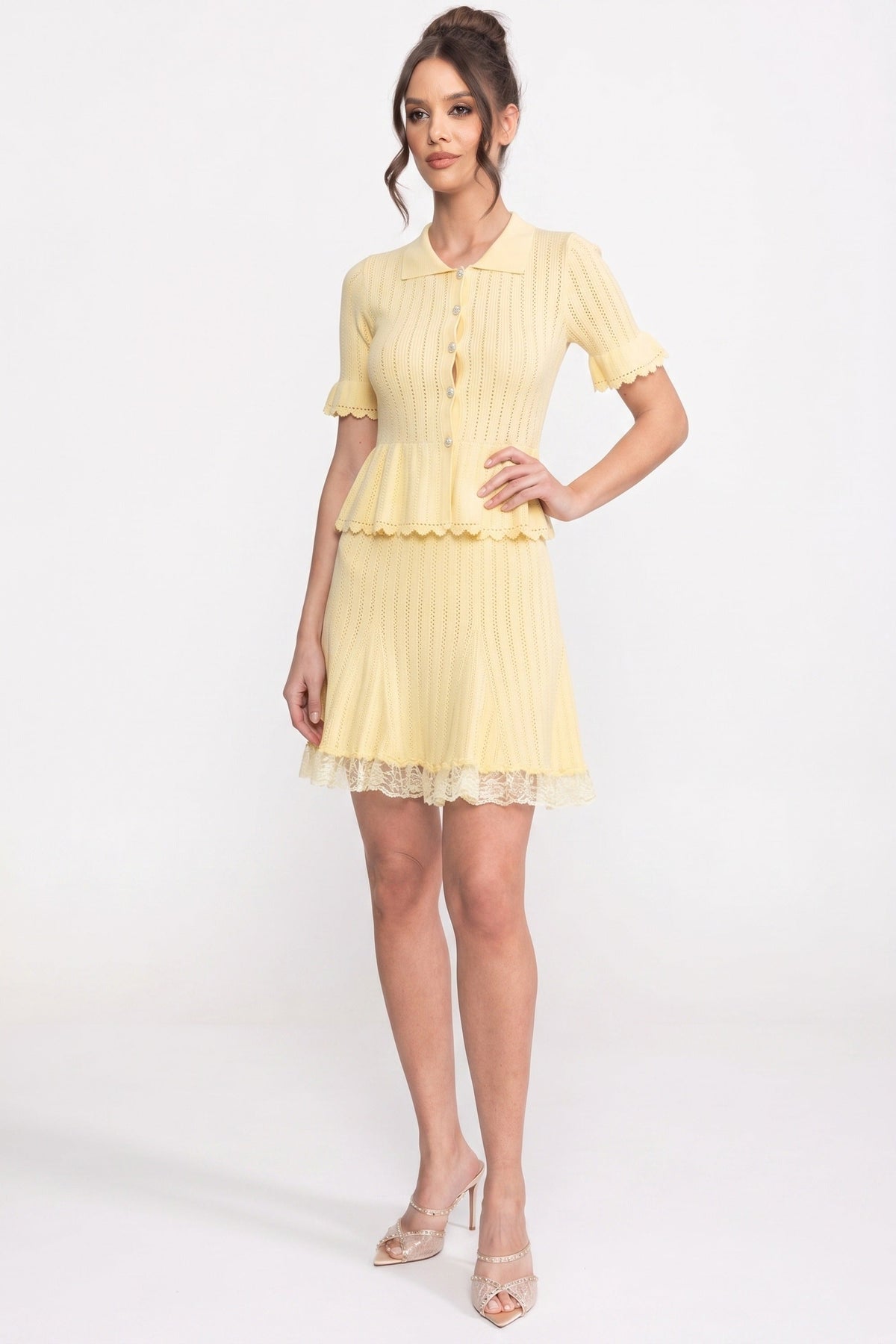 Lucille Yellow Peter-Pan Collar Knit Peplum Co-Ord Set With Lace Hem