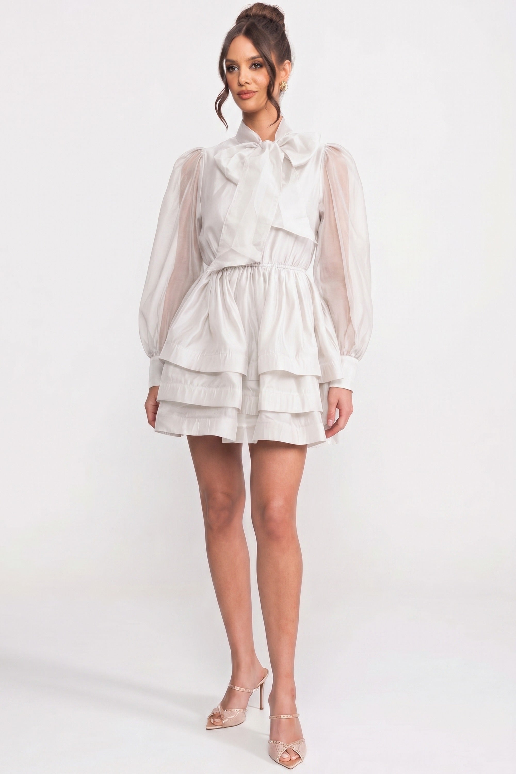 High-Neck Puff-Sleeve Mini Dress With Tiered Ruffle Skirt And Bow - White